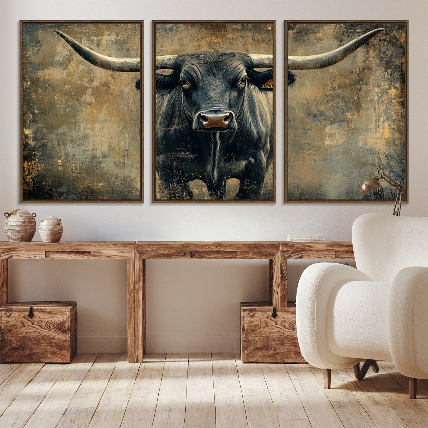 57385-MGV-CV-36X24-Longhorn Bull Wall Art Canvas Print, Framed Rustic Cow Art Picture Print, Texas Longhorn Perfect Western Decor