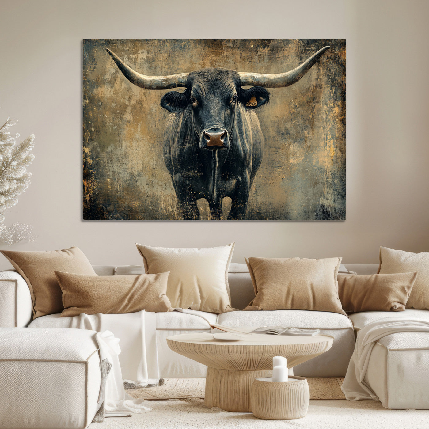 Longhorn Bull Wall Art Canvas Print, Framed Rustic Cow Art Picture Print, Texas Longhorn Perfect Western Decor