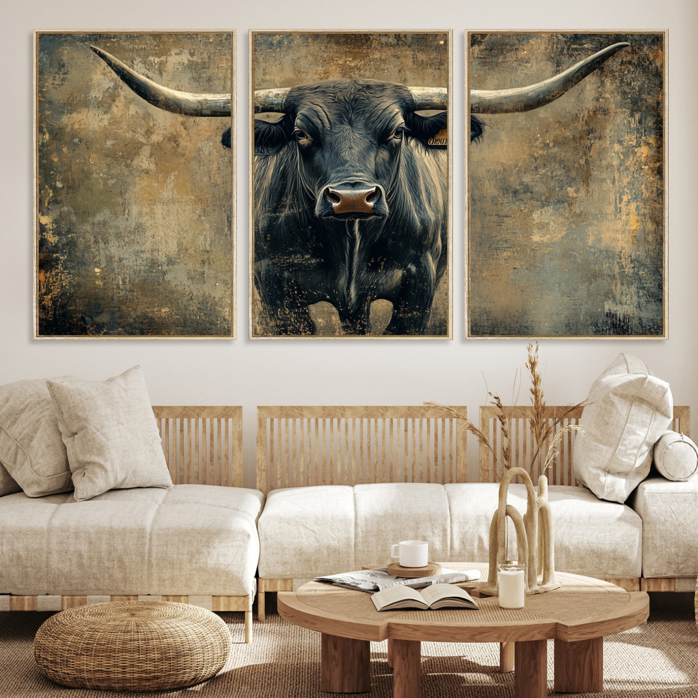 57385-MGV-CV-36X24-Longhorn Bull Wall Art Canvas Print, Framed Rustic Cow Art Picture Print, Texas Longhorn Perfect Western Decor