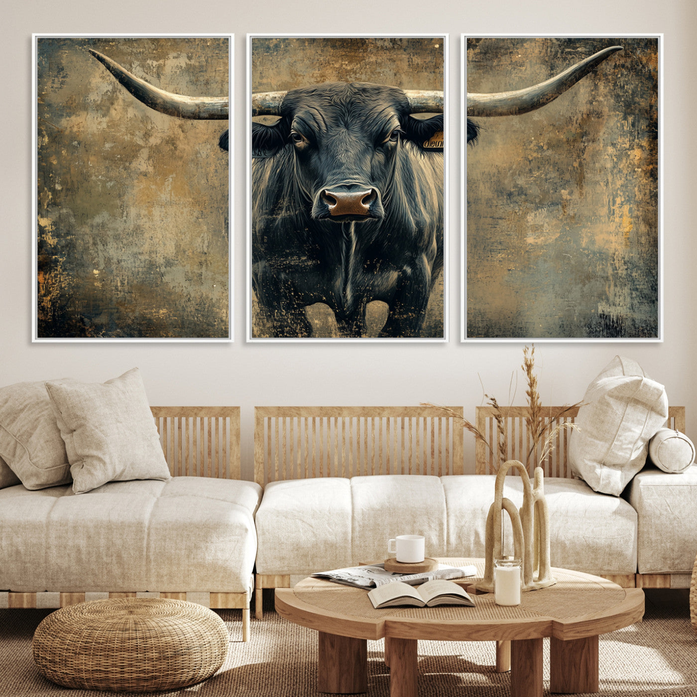 57385-MGV-CV-36X24-Longhorn Bull Wall Art Canvas Print, Framed Rustic Cow Art Picture Print, Texas Longhorn Perfect Western Decor
