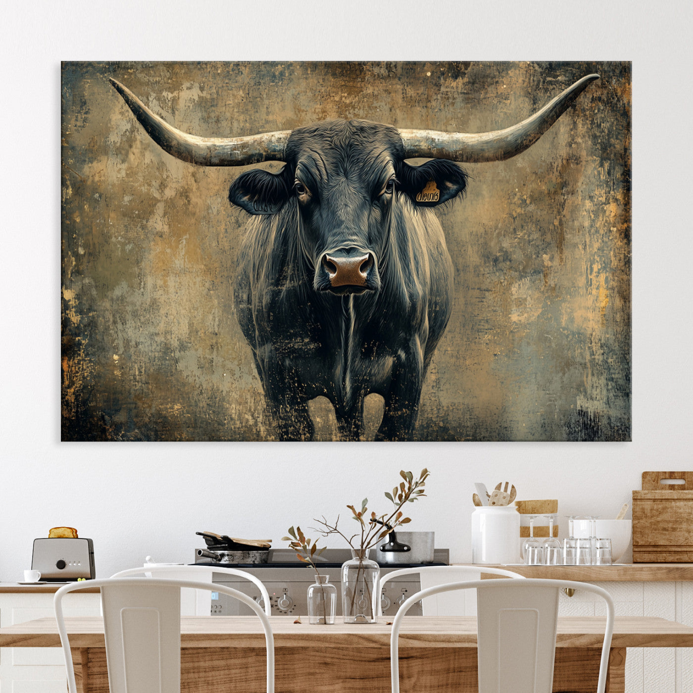 Longhorn Bull Wall Art Canvas Print, Framed Rustic Cow Art Picture Print, Texas Longhorn Perfect Western Decor
