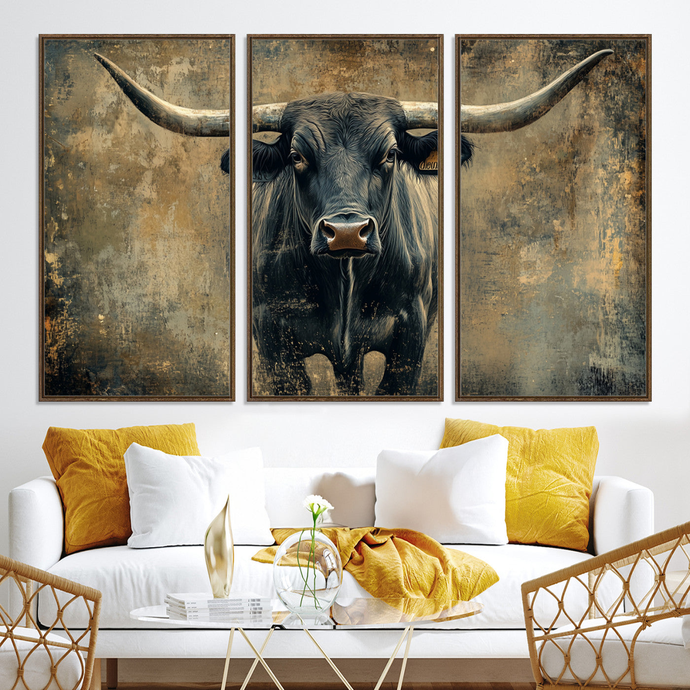 57385-MGV-CV-36X24-Longhorn Bull Wall Art Canvas Print, Framed Rustic Cow Art Picture Print, Texas Longhorn Perfect Western Decor