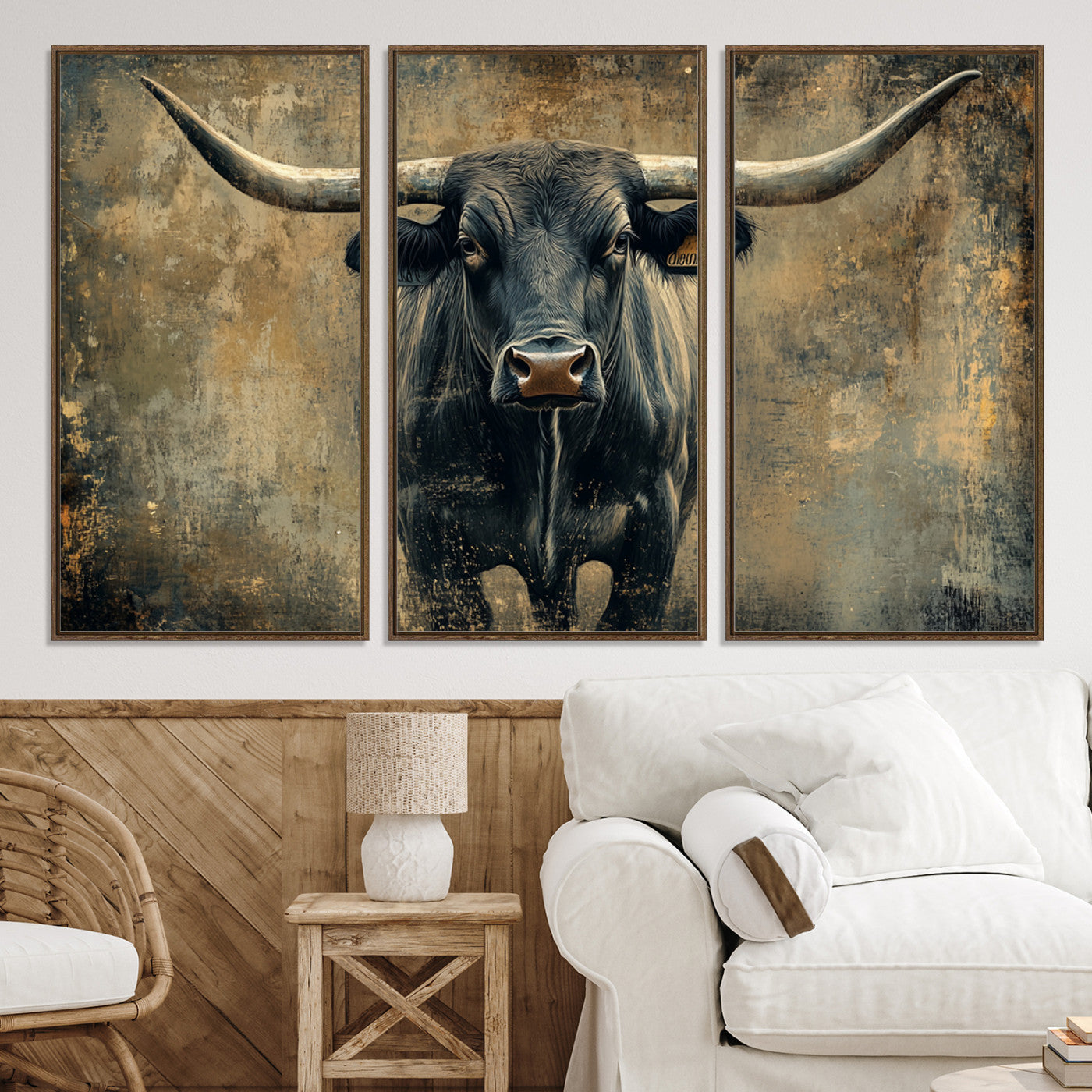 57385-MGV-CV-36X24-Longhorn Bull Wall Art Canvas Print, Framed Rustic Cow Art Picture Print, Texas Longhorn Perfect Western Decor