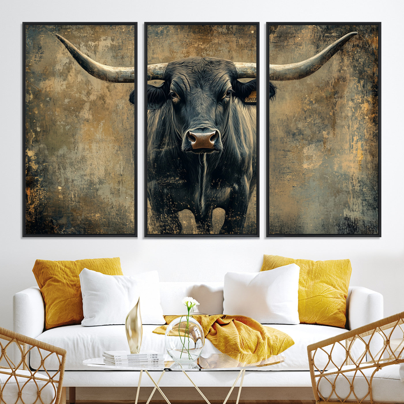 57385-MGV-CV-36X24-Longhorn Bull Wall Art Canvas Print, Framed Rustic Cow Art Picture Print, Texas Longhorn Perfect Western Decor