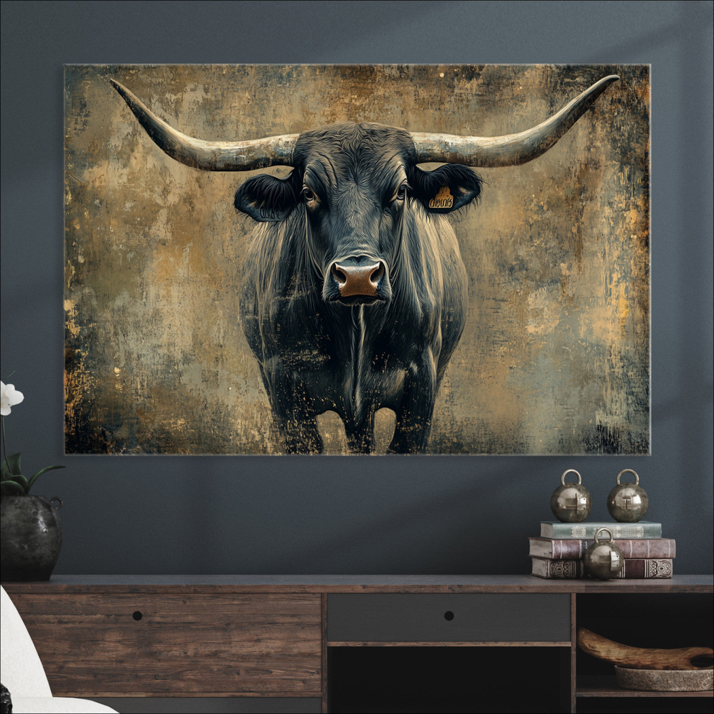 Longhorn Bull Wall Art Canvas Print, Framed Rustic Cow Art Picture Print, Texas Longhorn Perfect Western Decor