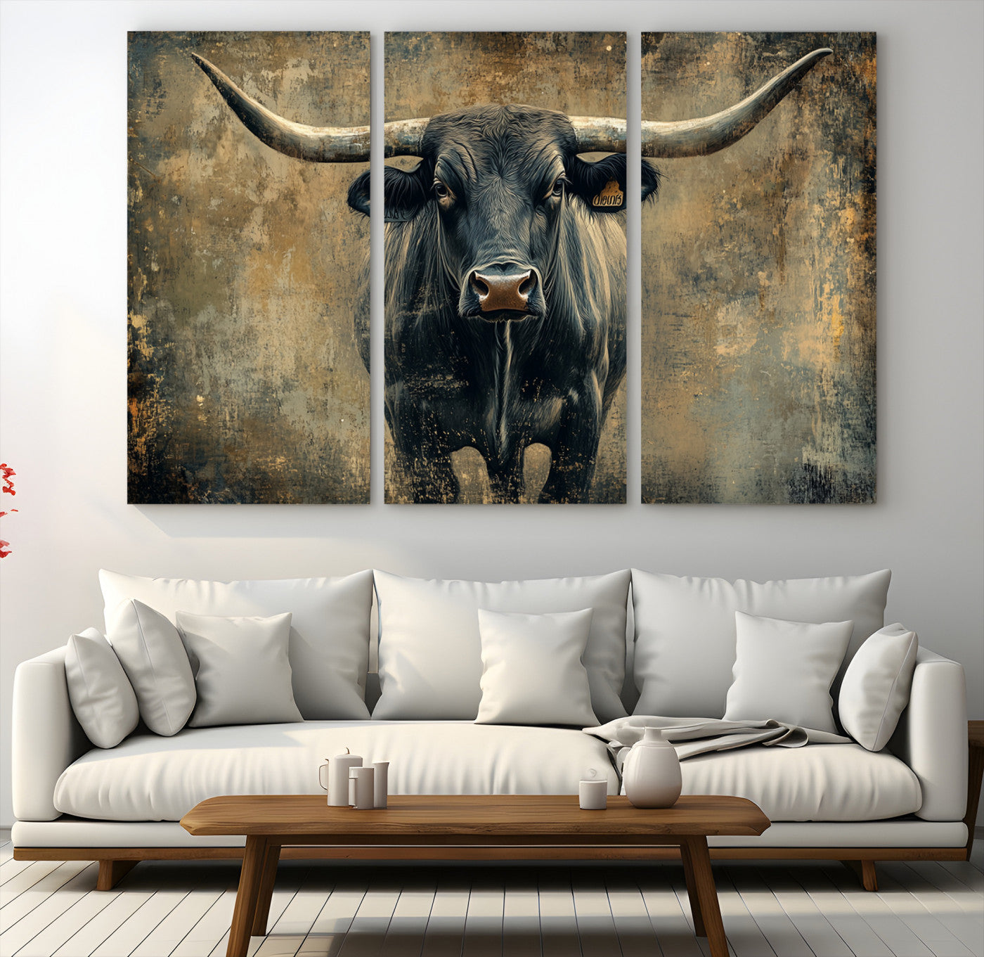 57385-MGV-CV-48X32-3P-Longhorn Bull Wall Art Canvas Print, Framed Rustic Cow Art Picture Print, Texas Longhorn Perfect Western Decor