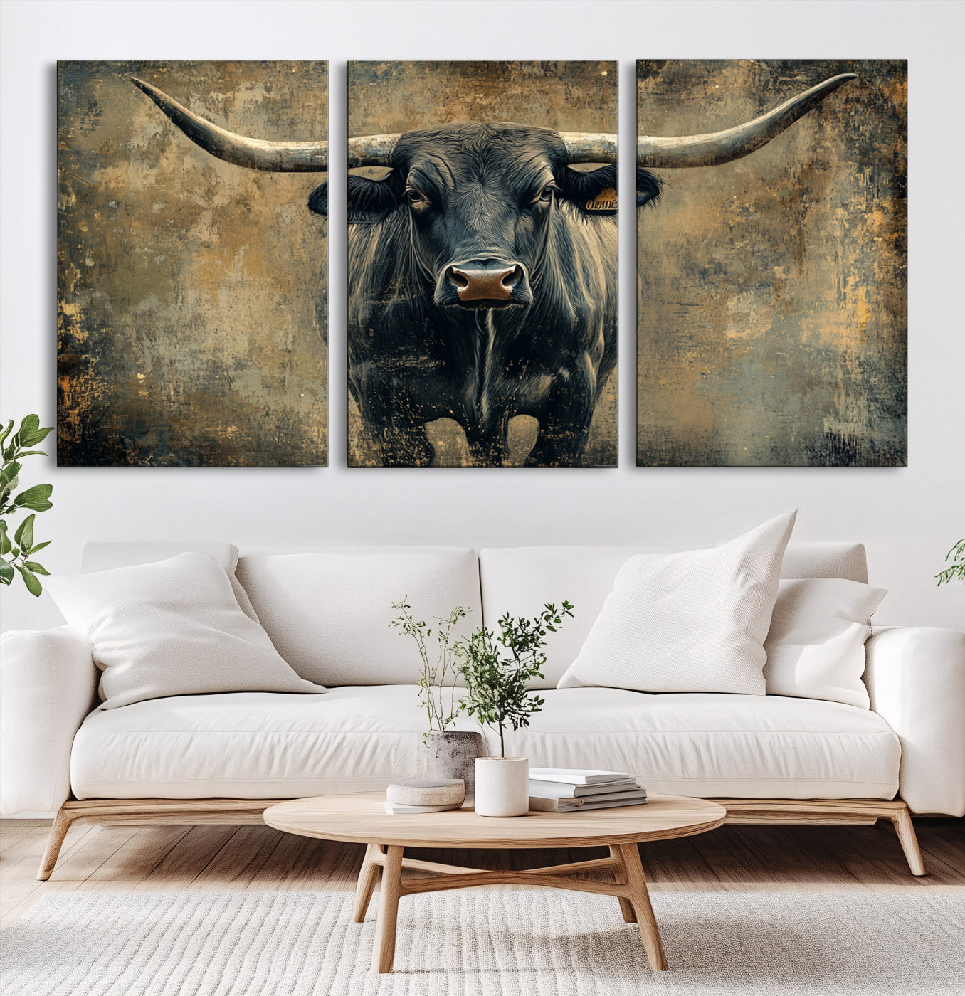 57385-MGV-CV-60X30-3P-Longhorn Bull Wall Art Canvas Print, Framed Rustic Cow Art Picture Print, Texas Longhorn Perfect Western Decor