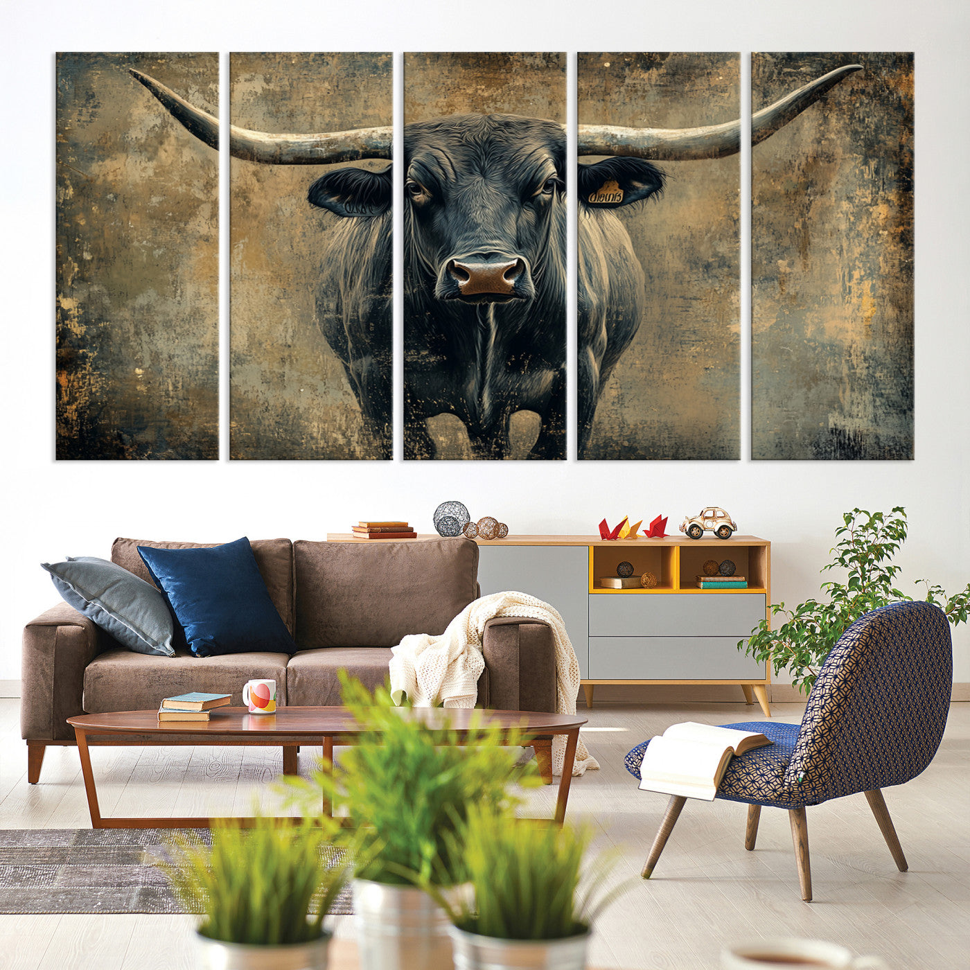 57385-MGV-CV-60X31-5P-Longhorn Bull Wall Art Canvas Print, Framed Rustic Cow Art Picture Print, Texas Longhorn Perfect Western Decor