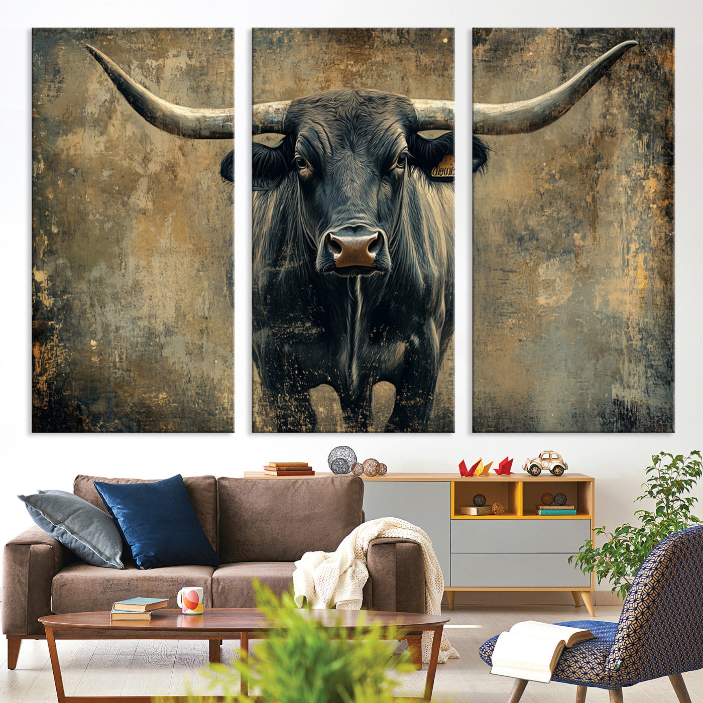Longhorn Bull Wall Art Canvas Print, Framed Rustic Cow Art Picture Print, Texas Longhorn Perfect Western Decor