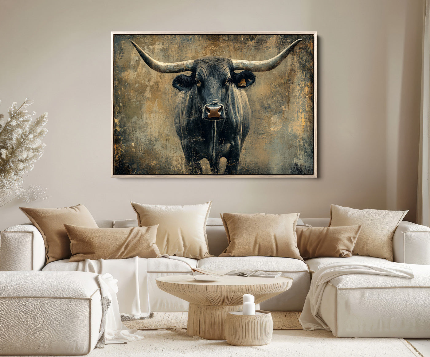 57385-MGV-FC-36X24_Natural-Longhorn Bull Wall Art Canvas Print, Framed Rustic Cow Art Picture Print, Texas Longhorn Perfect Western Decor