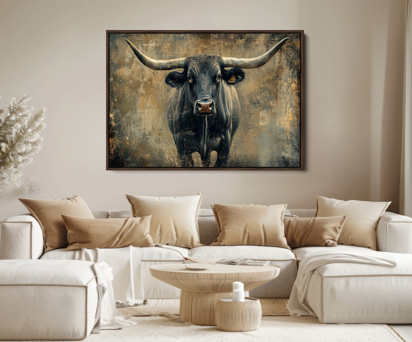57385-MGV-FC-36X24_Walnut-Longhorn Bull Wall Art Canvas Print, Framed Rustic Cow Art Picture Print, Texas Longhorn Perfect Western Decor