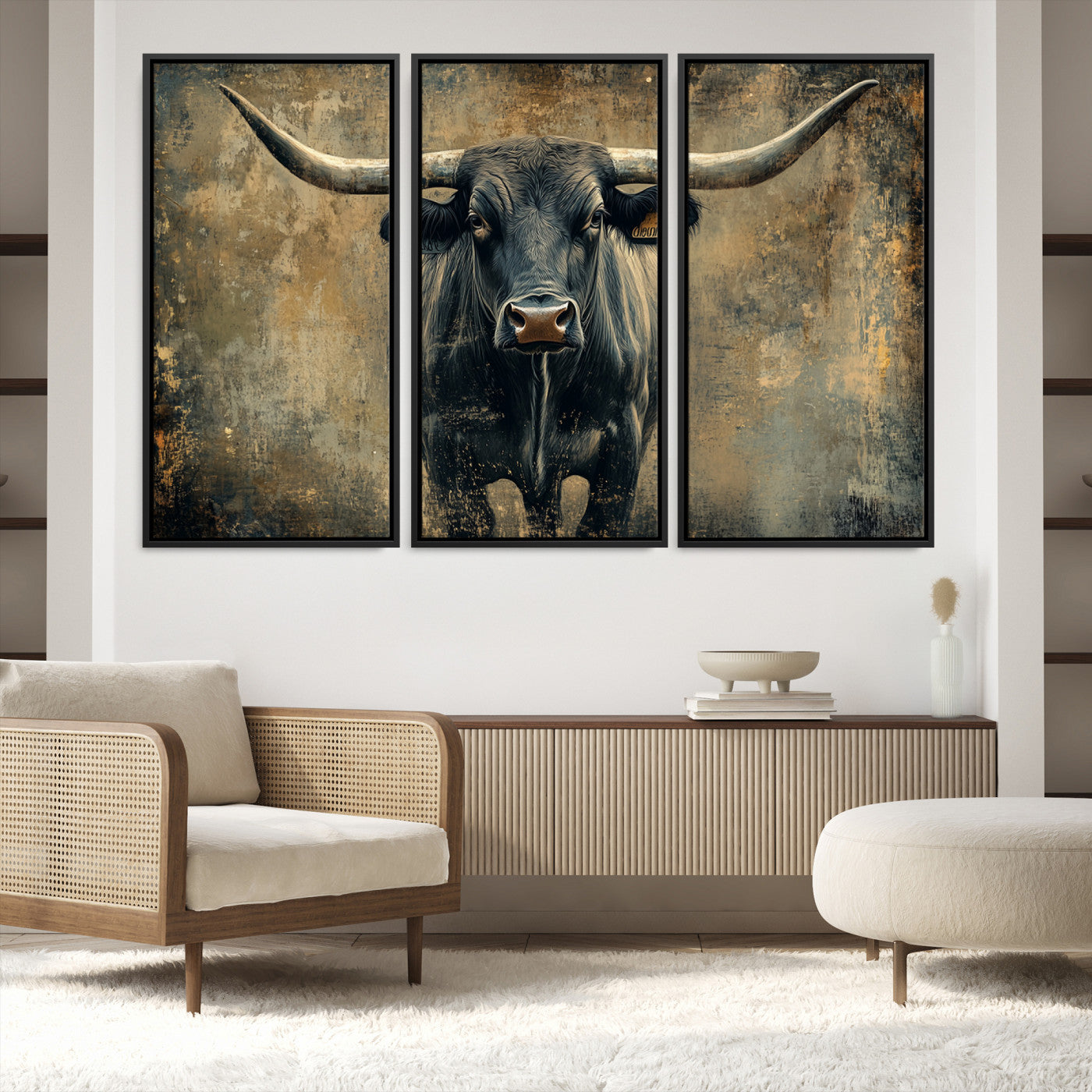 57385-MGV-FC-48X32-3P_Black-Longhorn Bull Wall Art Canvas Print, Framed Rustic Cow Art Picture Print, Texas Longhorn Perfect Western Decor