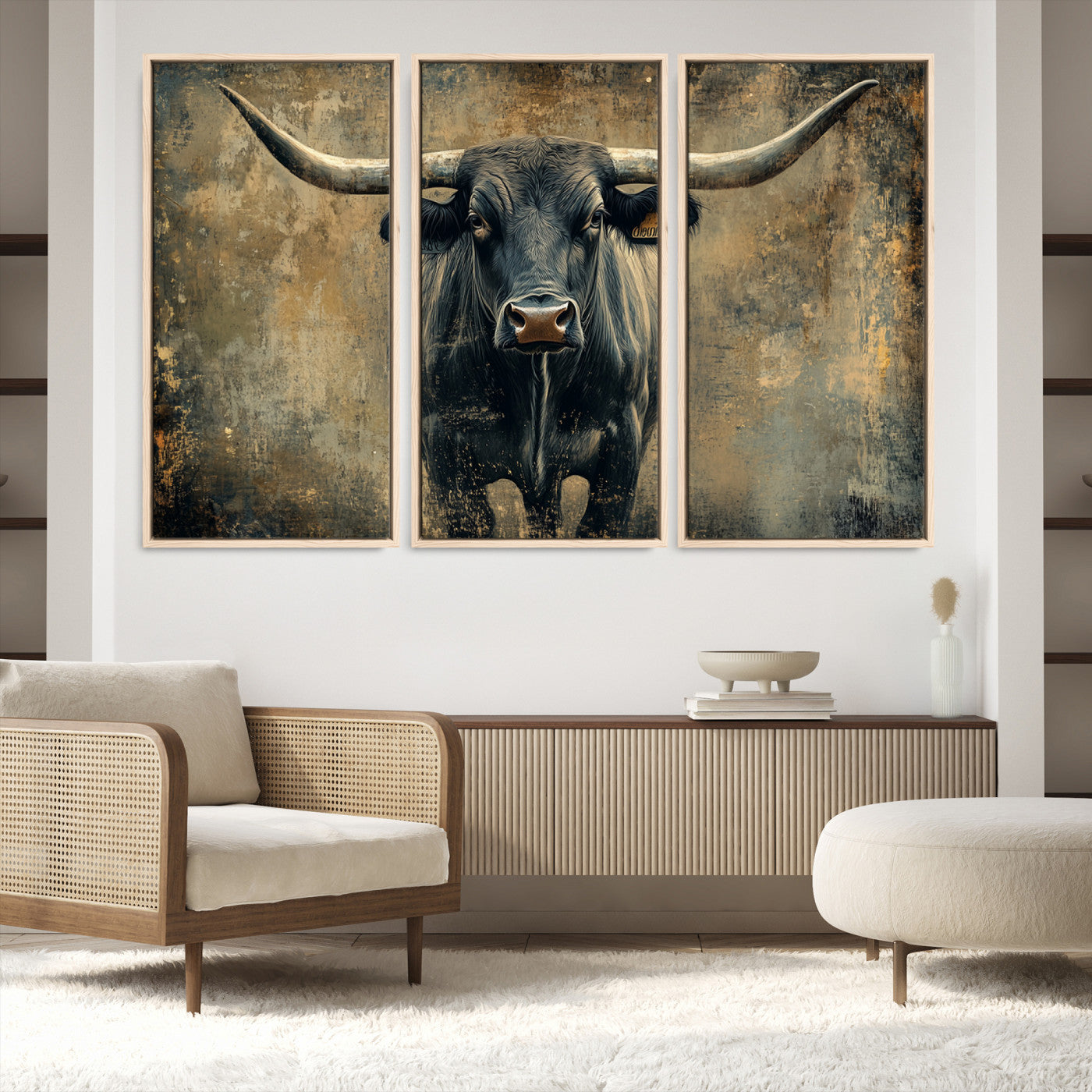57385-MGV-FC-48X32-3P_Natural-Longhorn Bull Wall Art Canvas Print, Framed Rustic Cow Art Picture Print, Texas Longhorn Perfect Western Decor
