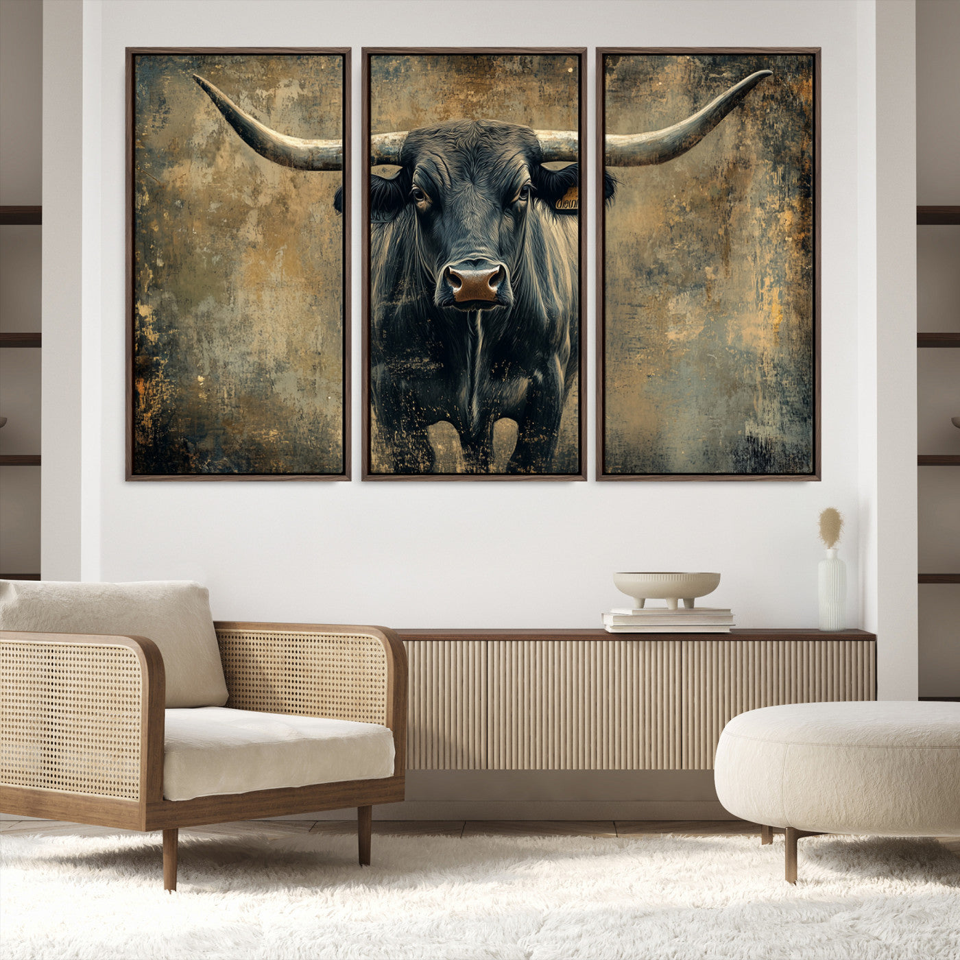 57385-MGV-FC-48X32-3P_Walnut-Longhorn Bull Wall Art Canvas Print, Framed Rustic Cow Art Picture Print, Texas Longhorn Perfect Western Decor