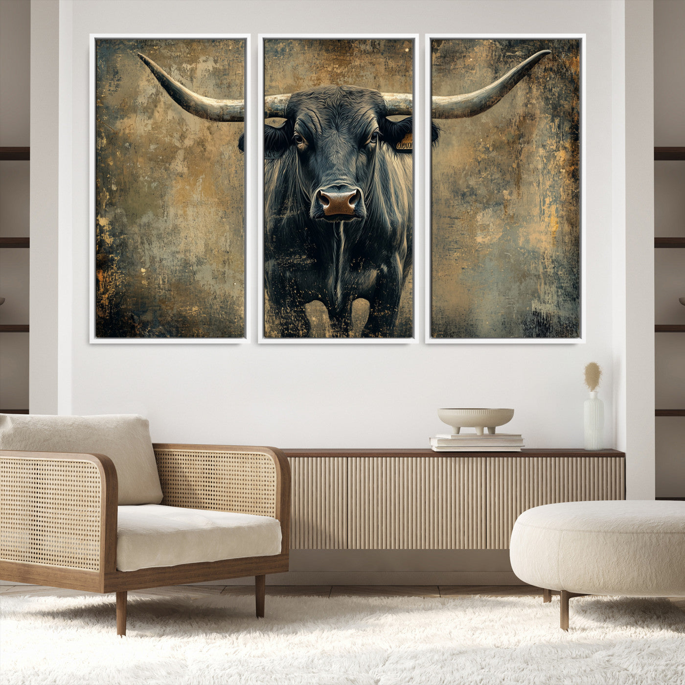 57385-MGV-FC-48X32-3P_White-Longhorn Bull Wall Art Canvas Print, Framed Rustic Cow Art Picture Print, Texas Longhorn Perfect Western Decor