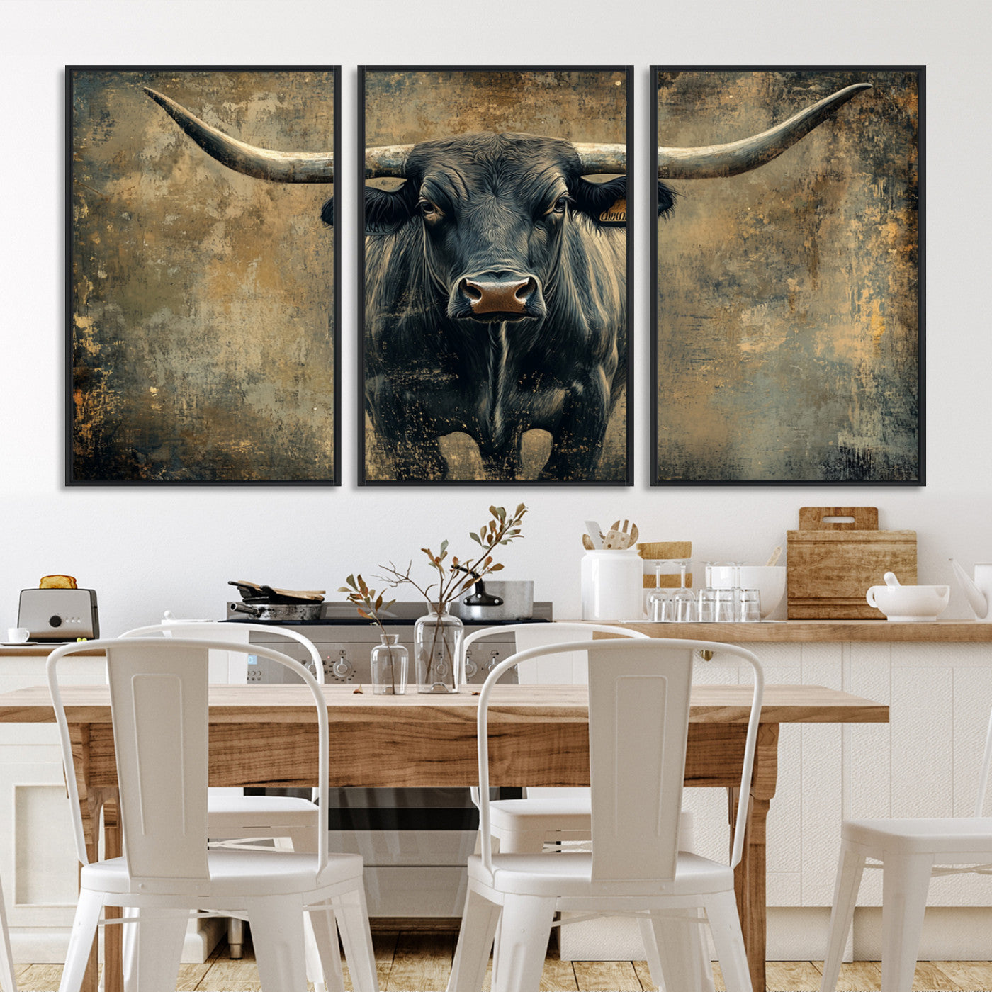 57385-MGV-FC-60X30-3P_Black-Longhorn Bull Wall Art Canvas Print, Framed Rustic Cow Art Picture Print, Texas Longhorn Perfect Western Decor
