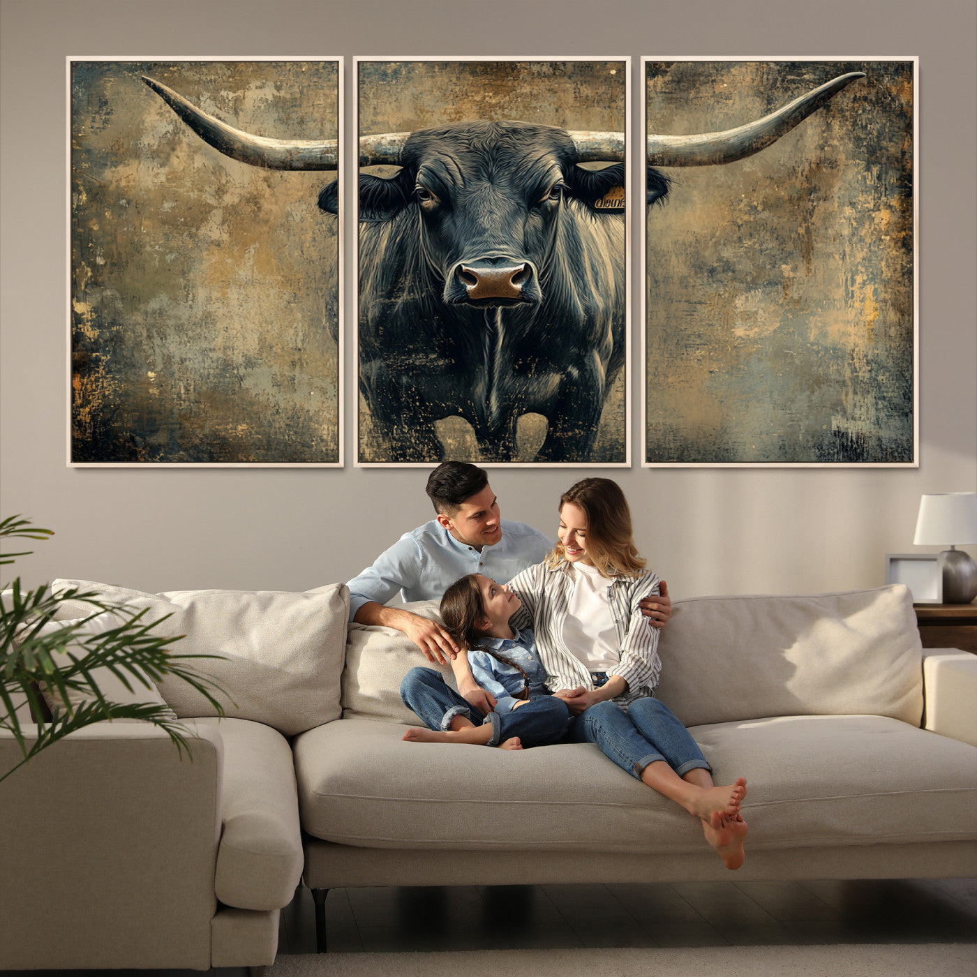 57385-MGV-FC-60X30-3P_Natural-Longhorn Bull Wall Art Canvas Print, Framed Rustic Cow Art Picture Print, Texas Longhorn Perfect Western Decor