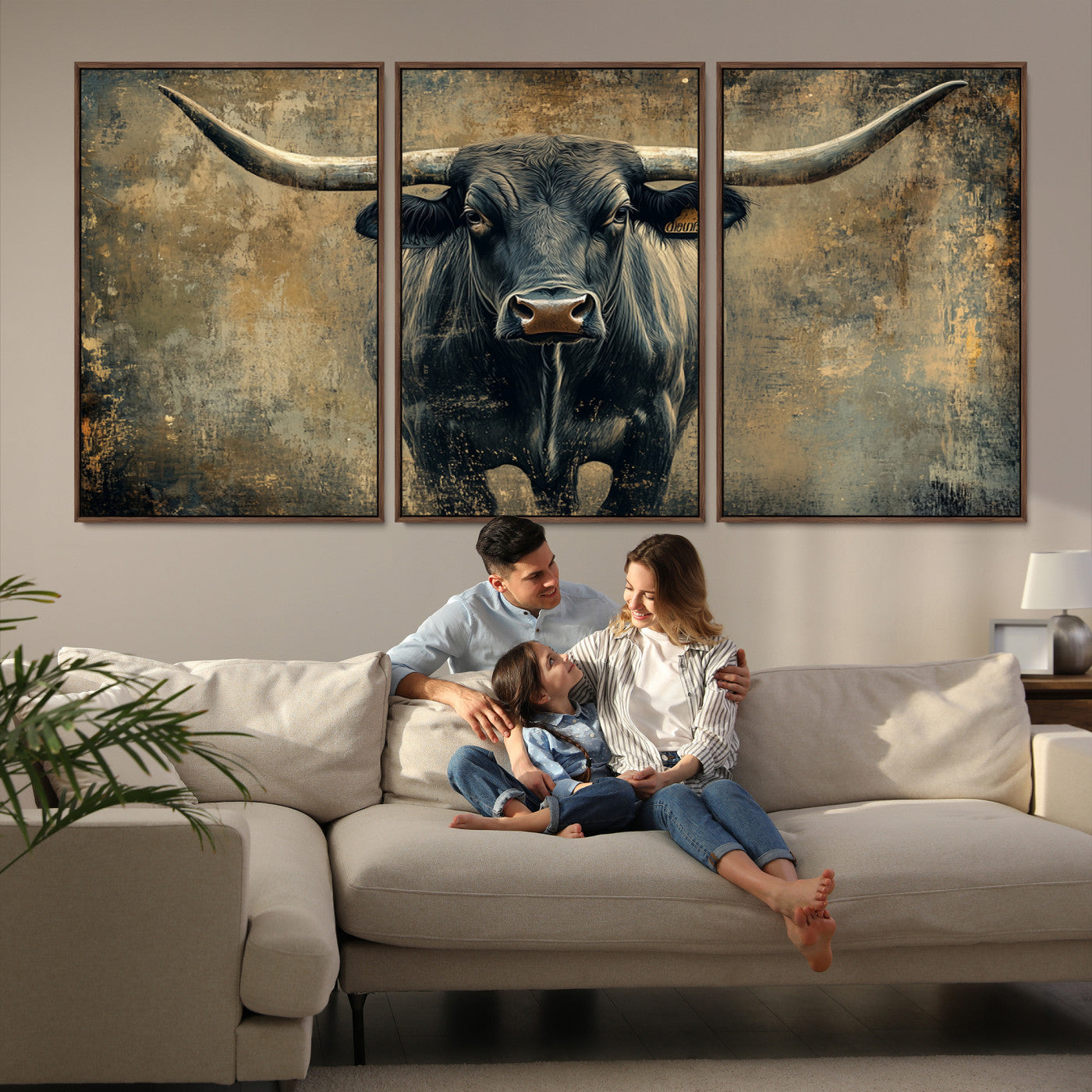 57385-MGV-FC-60X30-3P_Walnut-Longhorn Bull Wall Art Canvas Print, Framed Rustic Cow Art Picture Print, Texas Longhorn Perfect Western Decor