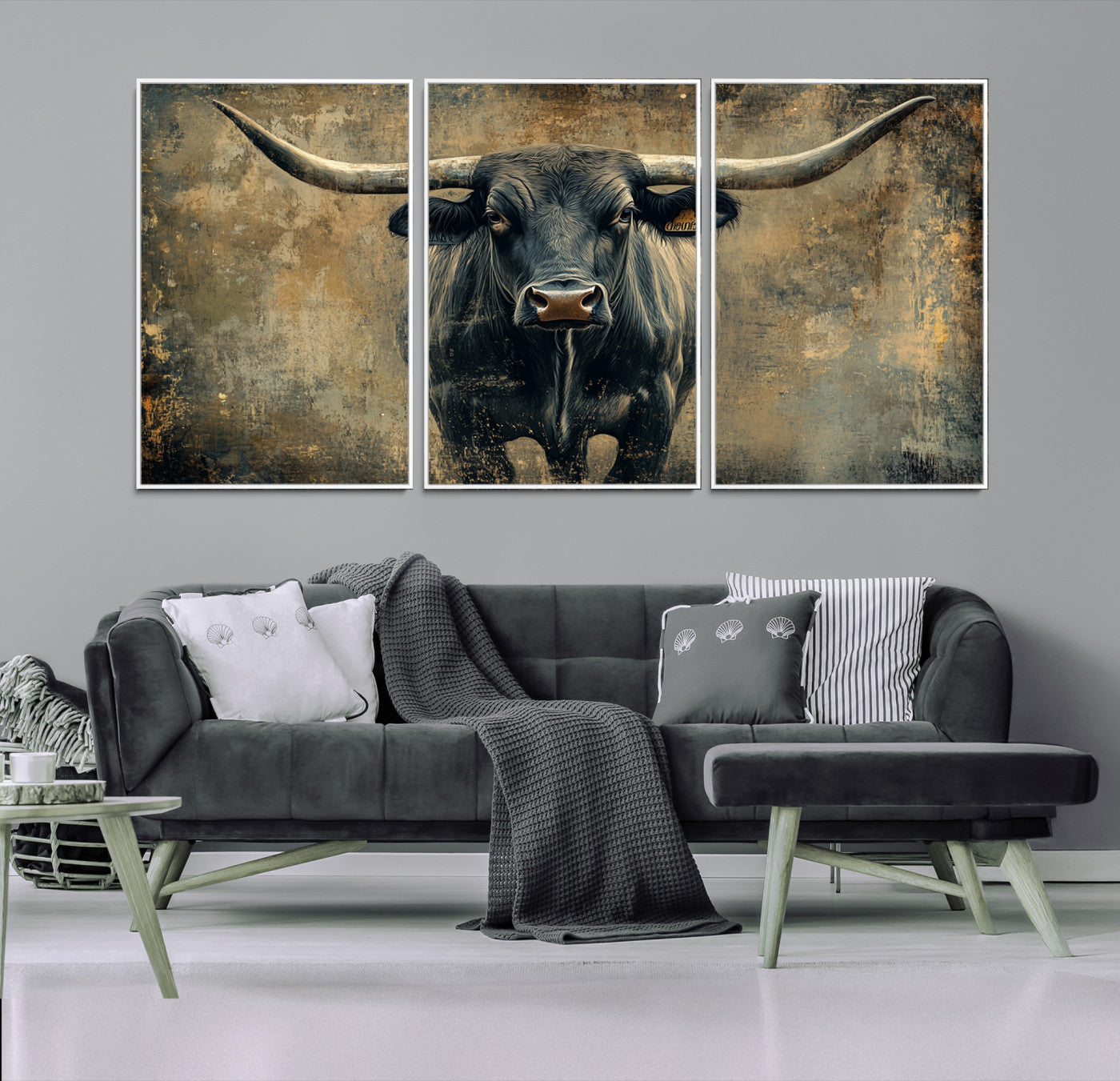 57385-MGV-FC-60X30-3P_White-Longhorn Bull Wall Art Canvas Print, Framed Rustic Cow Art Picture Print, Texas Longhorn Perfect Western Decor