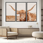 74406977-MGV-FC-48X32-3P_Black-Longhorn Bull Wall Art Canvas Print, Framed Western Cow Art Picture Print, Rustic Farmhouse Perfect Neutral Farmhouse Decor