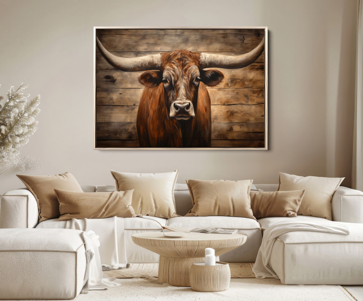 77556-MGV-FC-36X24_Natural-Longhorn Bull Wall Art | Canvas Print | Ready to Hang | Rustic Farmhouse Wall Decor | Western Barn Art for Living Room