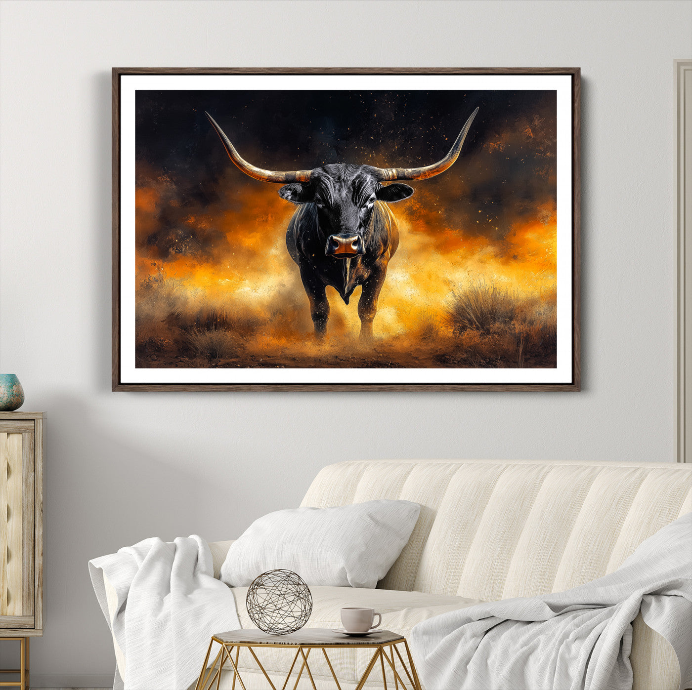 58293979-MGC-FP-36x24_Walnut-Longhorn Canvas Wall Art Canvas Print, Bold Bull Wall Art Print, Framed Western Animal Decor Art Print, Large Rustic Ranch Scene Printing