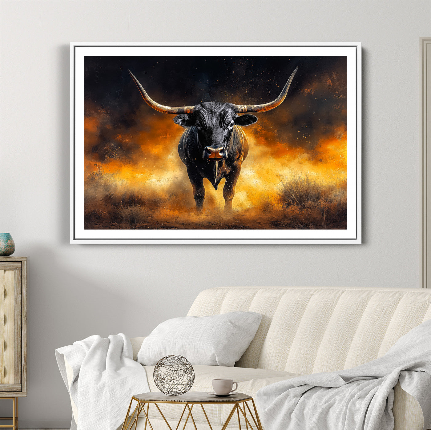 58293979-MGC-FP-36x24_White-Longhorn Canvas Wall Art Canvas Print, Bold Bull Wall Art Print, Framed Western Animal Decor Art Print, Large Rustic Ranch Scene Printing