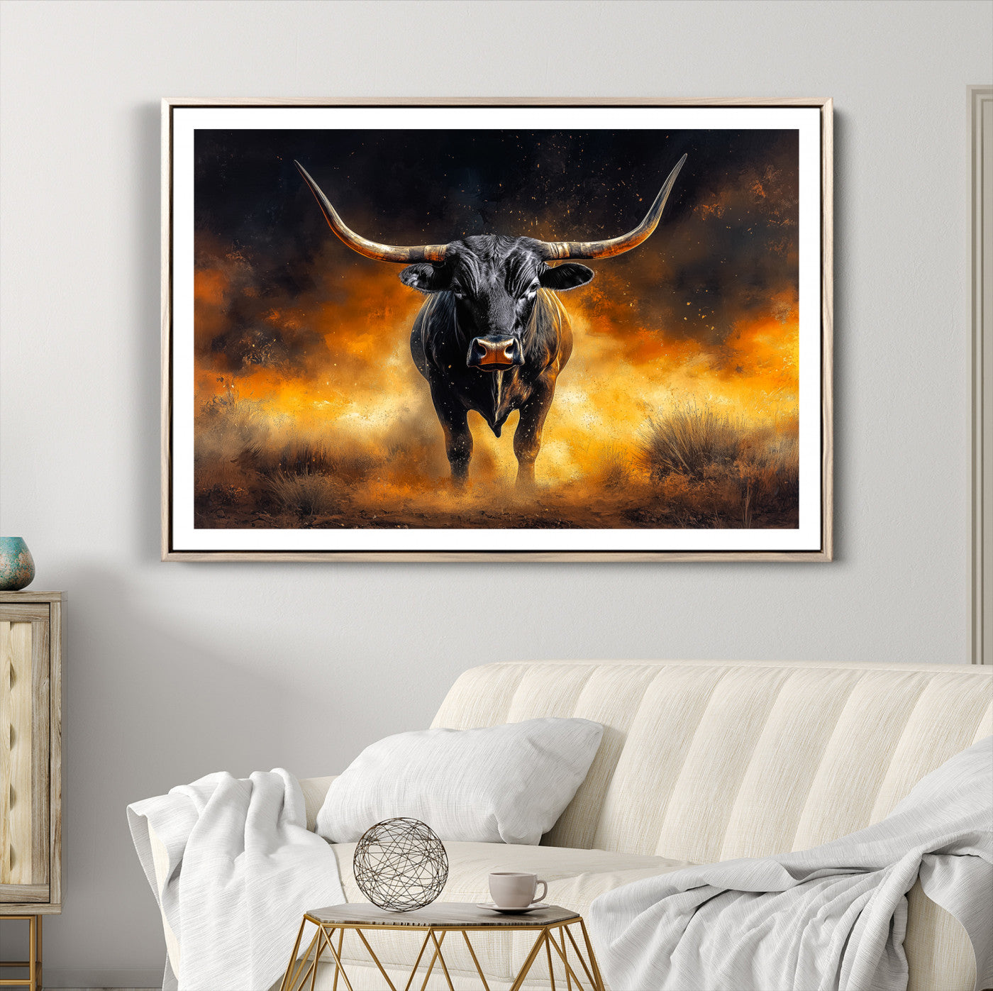 58293979-MGV-CV-36X24-Longhorn Canvas Wall Art Canvas Print, Bold Bull Wall Art Print, Framed Western Animal Decor Art Print, Large Rustic Ranch Scene Printing