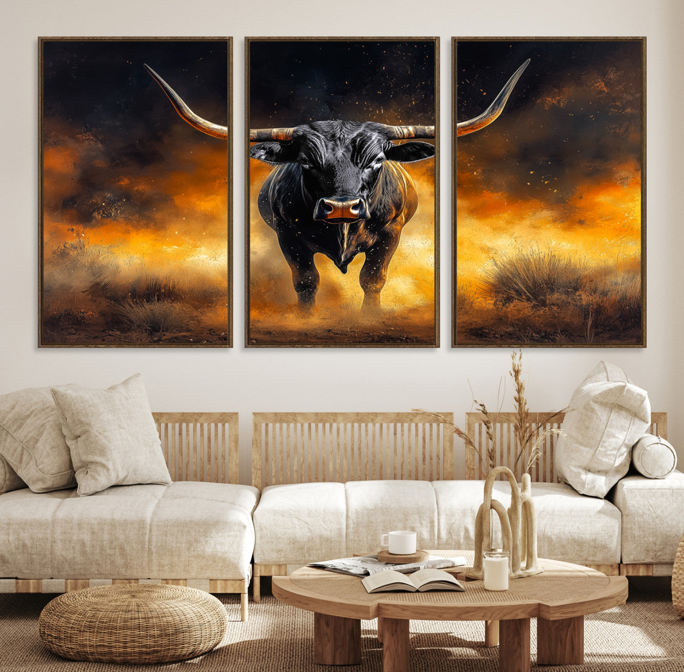 58293979-MGV-CV-36X24-Longhorn Canvas Wall Art Canvas Print, Bold Bull Wall Art Print, Framed Western Animal Decor Art Print, Large Rustic Ranch Scene Printing
