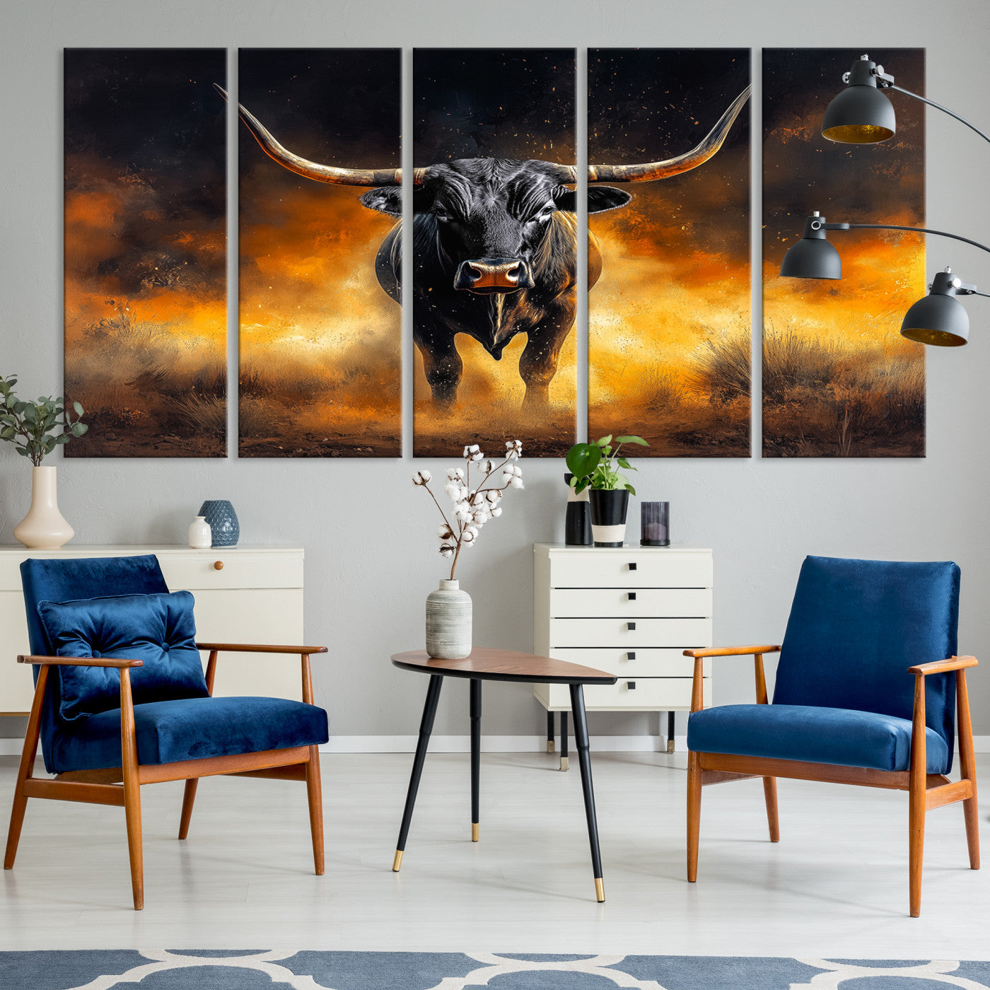 58293979-MGV-CV-36X24-Longhorn Canvas Wall Art Canvas Print, Bold Bull Wall Art Print, Framed Western Animal Decor Art Print, Large Rustic Ranch Scene Printing