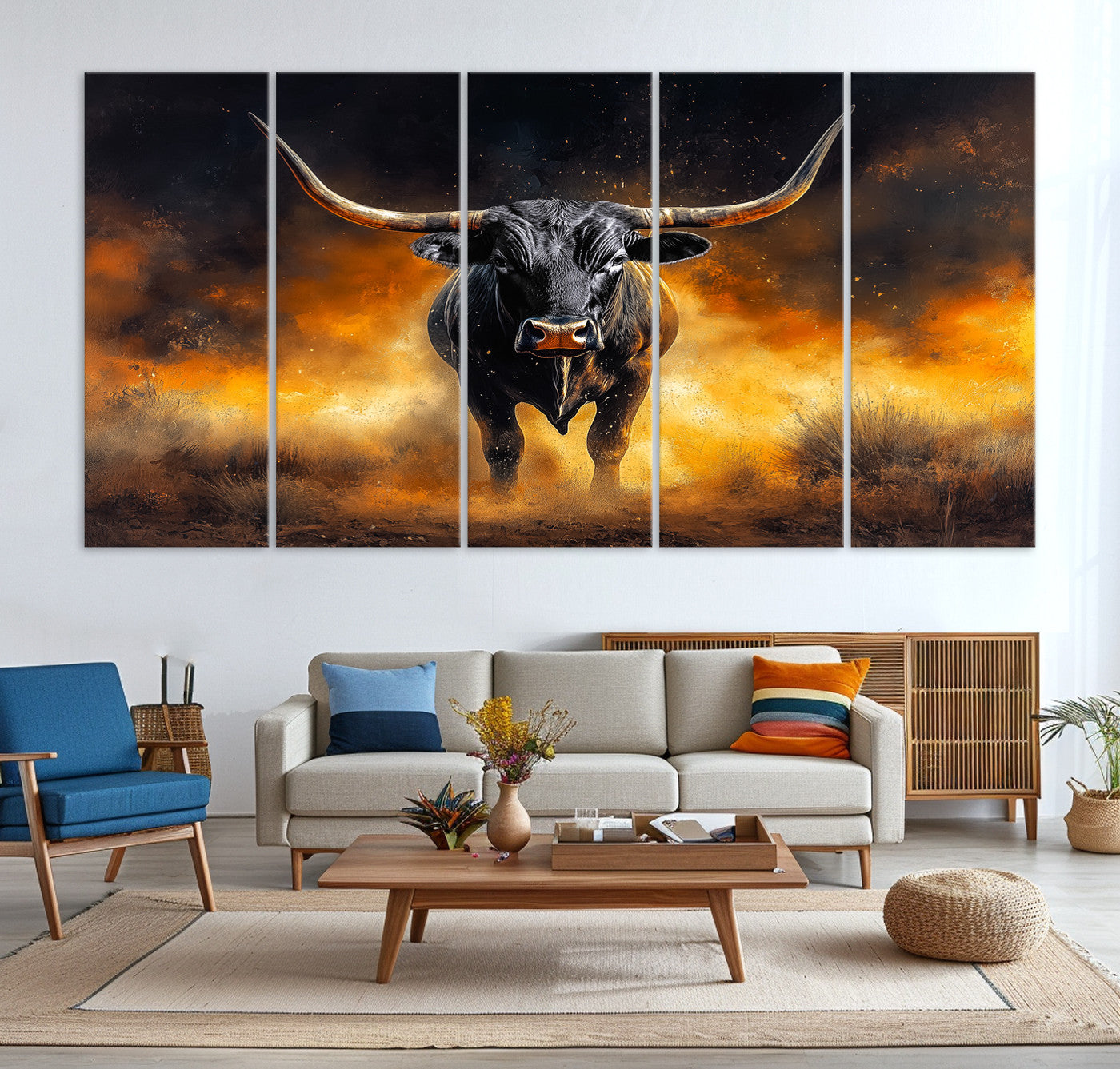 58293979-MGV-CV-36X24-Longhorn Canvas Wall Art Canvas Print, Bold Bull Wall Art Print, Framed Western Animal Decor Art Print, Large Rustic Ranch Scene Printing