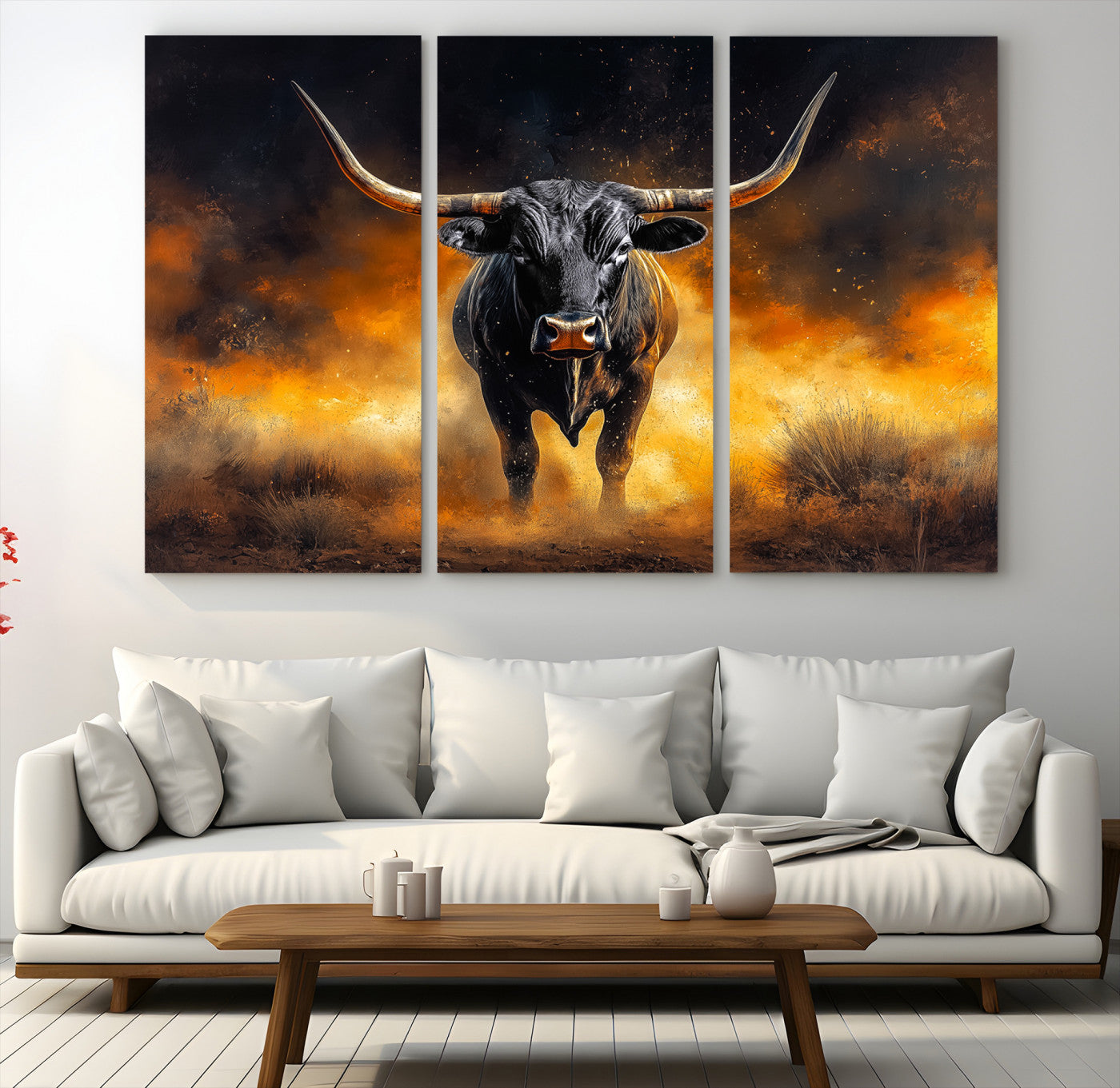 58293979-MGV-CV-48X32-3P-Longhorn Canvas Wall Art Canvas Print, Bold Bull Wall Art Print, Framed Western Animal Decor Art Print, Large Rustic Ranch Scene Printing