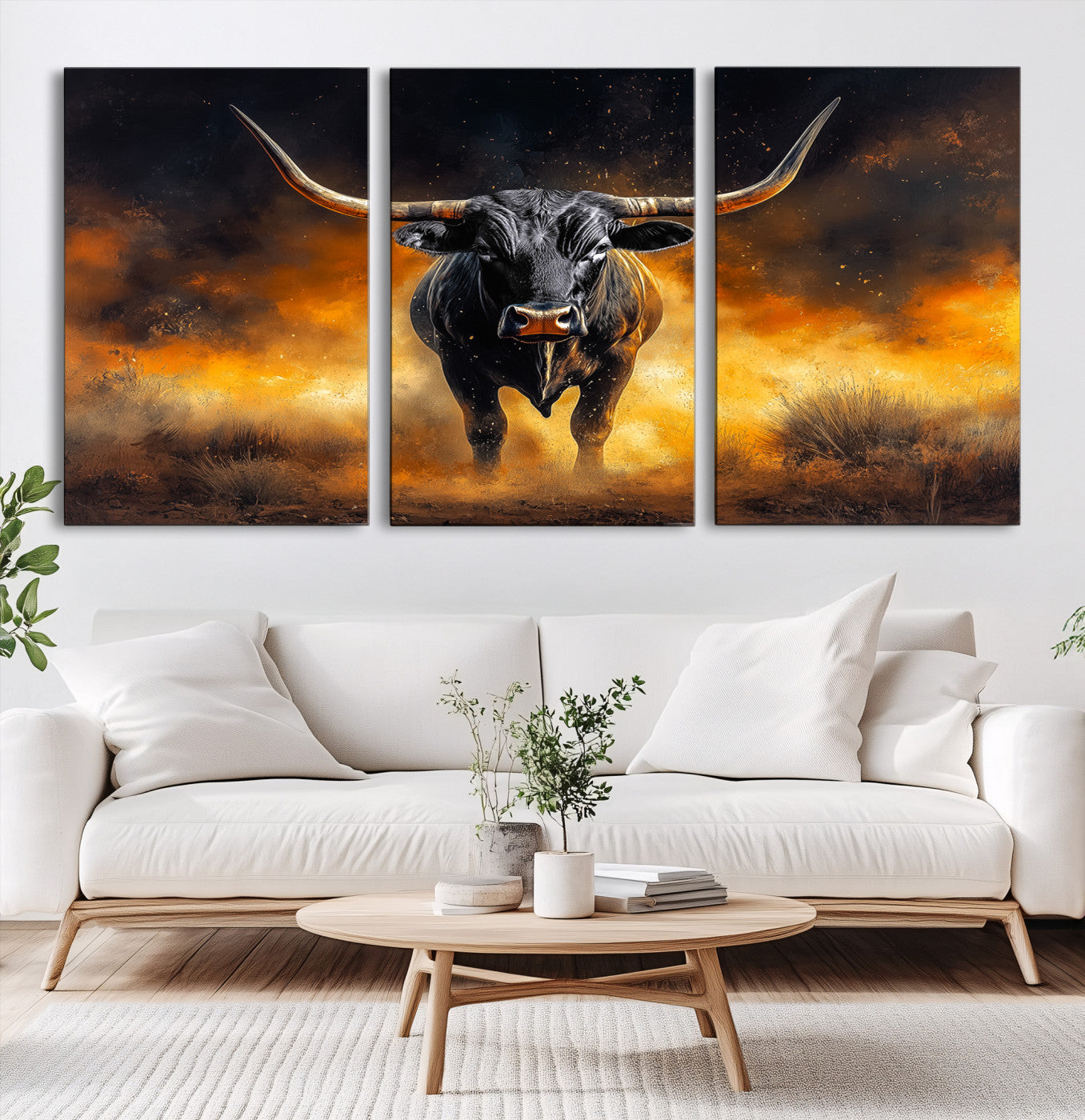 58293979-MGV-CV-60X30-3P-Longhorn Canvas Wall Art Canvas Print, Bold Bull Wall Art Print, Framed Western Animal Decor Art Print, Large Rustic Ranch Scene Printing