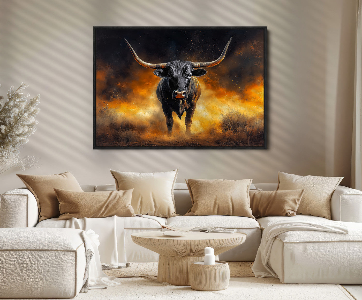 58293979-MGV-FC-36X24_Black-Longhorn Canvas Wall Art Canvas Print, Bold Bull Wall Art Print, Framed Western Animal Decor Art Print, Large Rustic Ranch Scene Printing