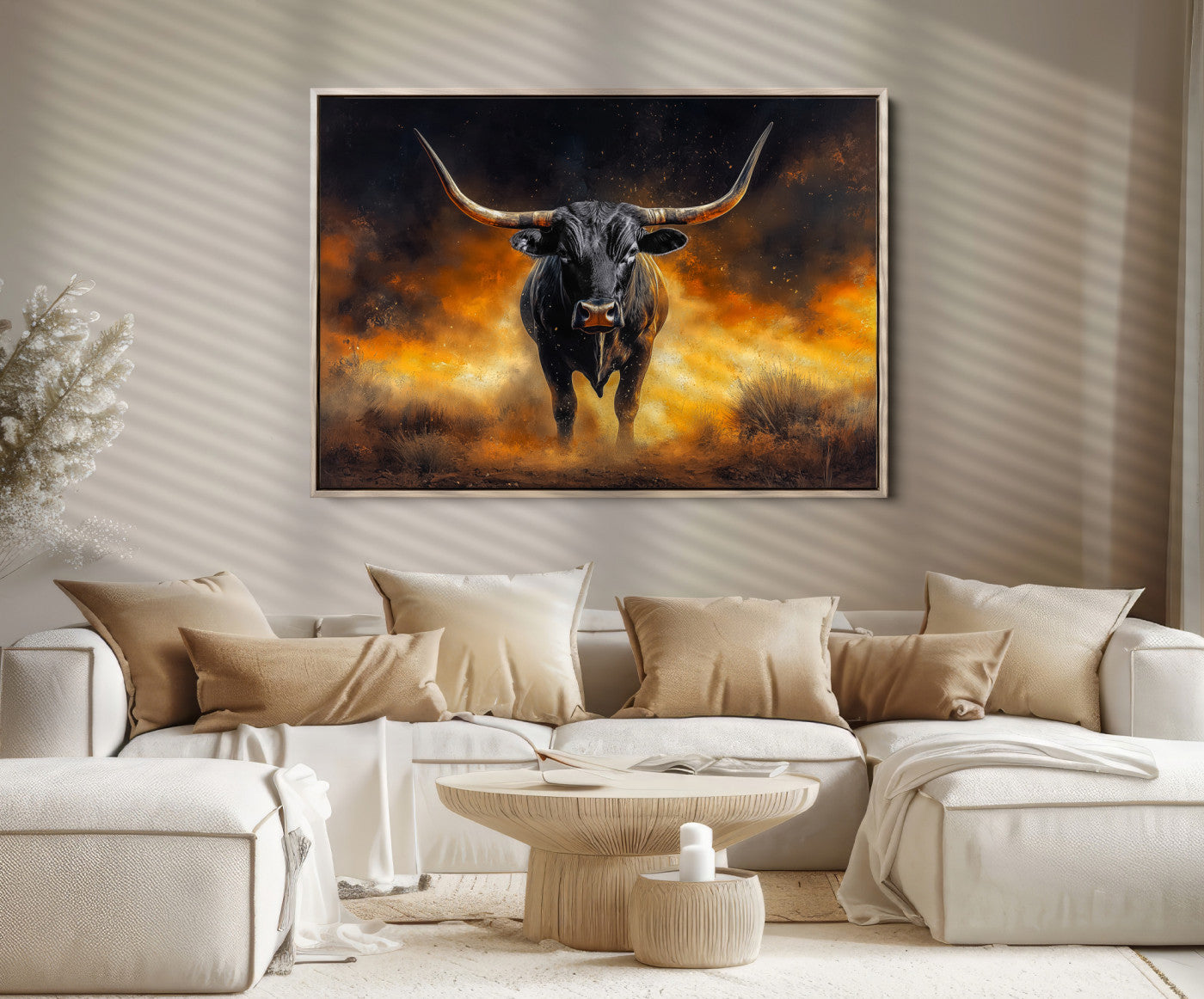58293979-MGV-FC-36X24_Natural-Longhorn Canvas Wall Art Canvas Print, Bold Bull Wall Art Print, Framed Western Animal Decor Art Print, Large Rustic Ranch Scene Printing