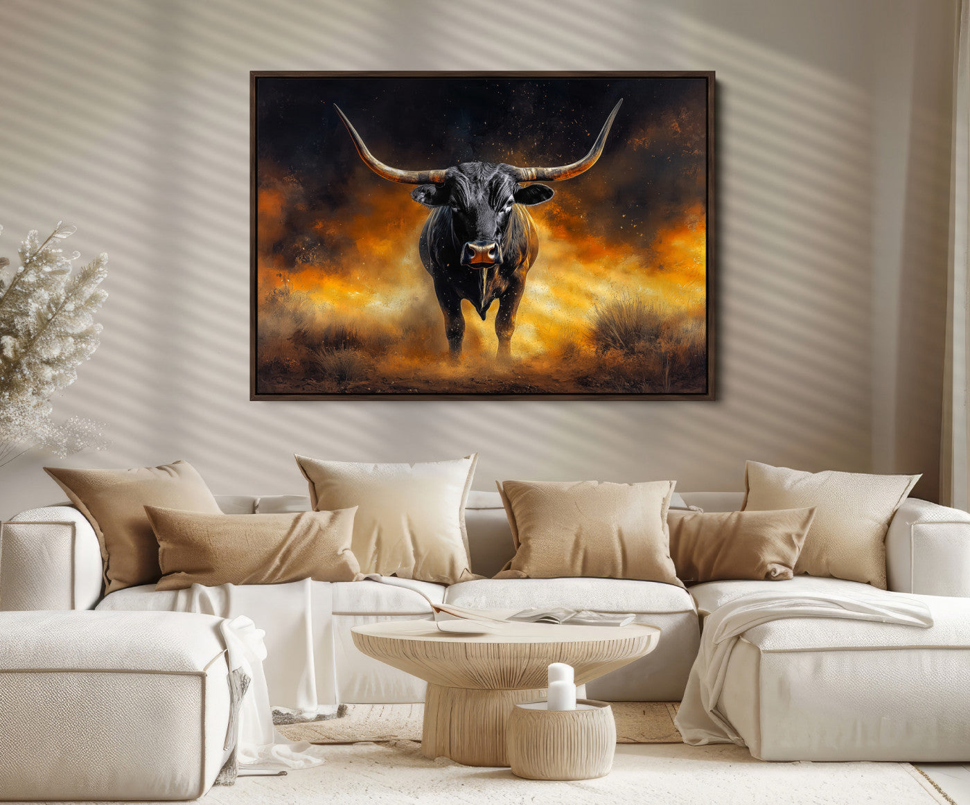 58293979-MGV-FC-36X24_Walnut-Longhorn Canvas Wall Art Canvas Print, Bold Bull Wall Art Print, Framed Western Animal Decor Art Print, Large Rustic Ranch Scene Printing