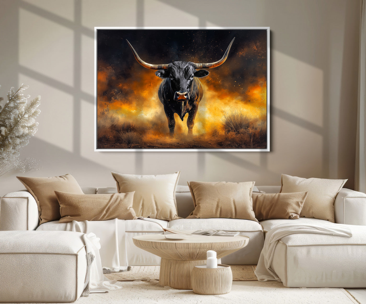 58293979-MGV-FC-36X24_White-Longhorn Canvas Wall Art Canvas Print, Bold Bull Wall Art Print, Framed Western Animal Decor Art Print, Large Rustic Ranch Scene Printing
