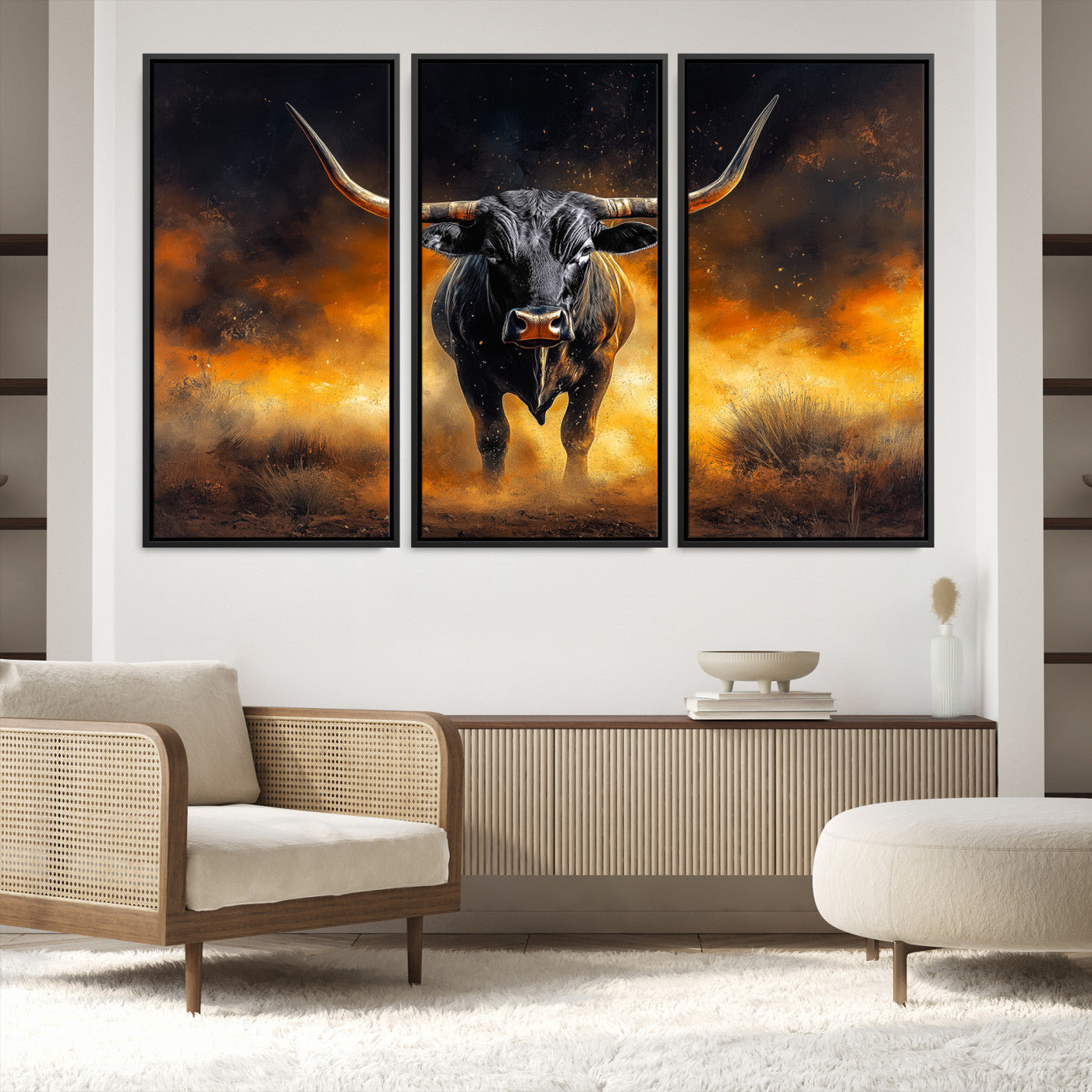 58293979-MGV-FC-48X32-3P_Black-Longhorn Canvas Wall Art Canvas Print, Bold Bull Wall Art Print, Framed Western Animal Decor Art Print, Large Rustic Ranch Scene Printing