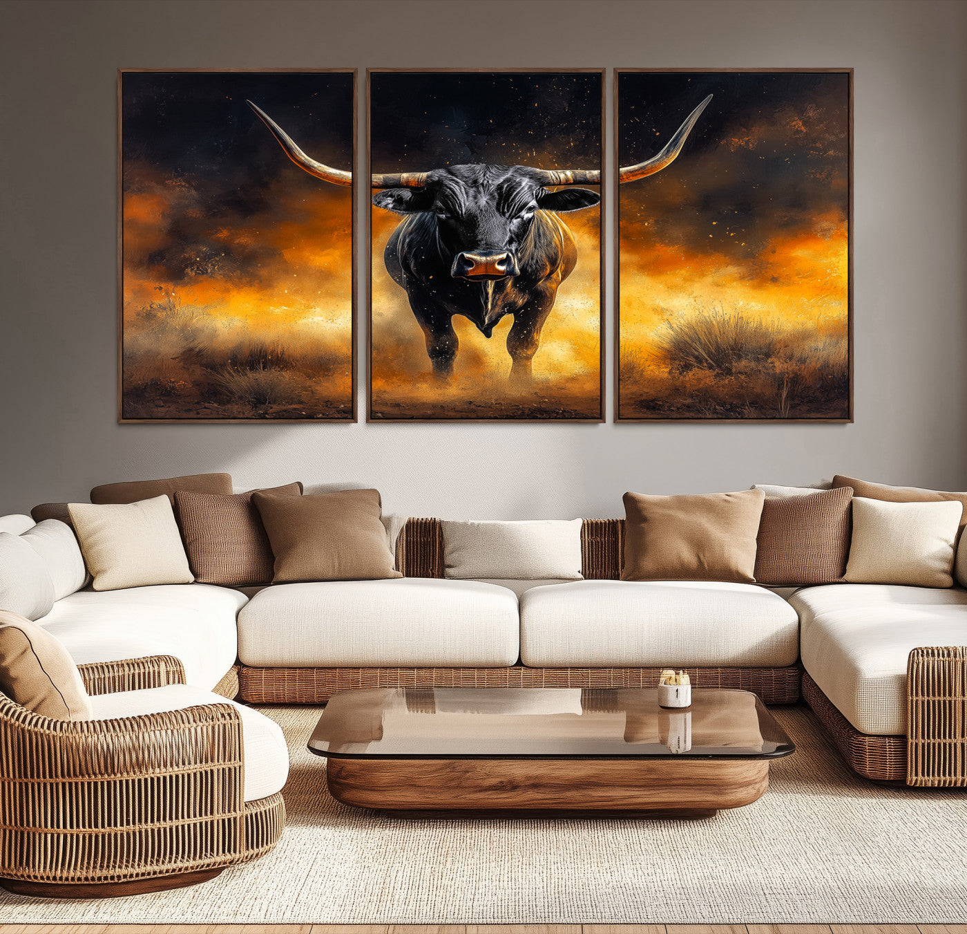 58293979-MGV-FC-60X30-3P_Walnut-Longhorn Canvas Wall Art Canvas Print, Bold Bull Wall Art Print, Framed Western Animal Decor Art Print, Large Rustic Ranch Scene Printing