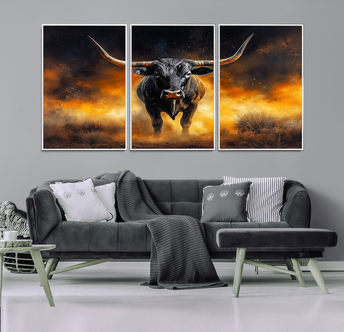 58293979-MGV-FC-60X30-3P_White-Longhorn Canvas Wall Art Canvas Print, Bold Bull Wall Art Print, Framed Western Animal Decor Art Print, Large Rustic Ranch Scene Printing