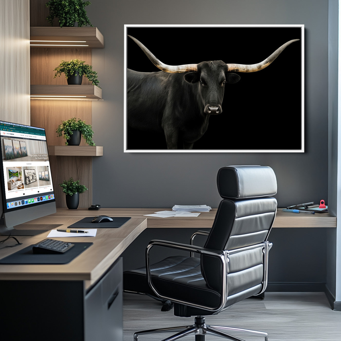 Longhorn Cattle Wall Art Canvas Print, Framed Texas Ranch Art Picture Print, Western Cow Perfect Farmhouse Decor Artwork