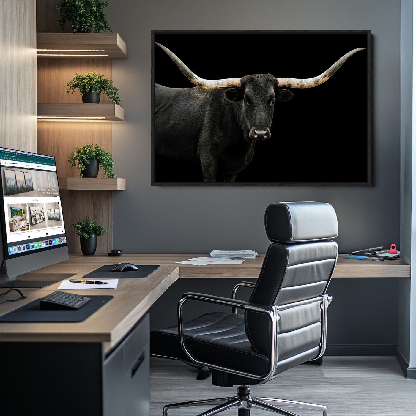 Longhorn Cattle Wall Art Canvas Print, Framed Texas Ranch Art Picture Print, Western Cow Perfect Farmhouse Decor Artwork