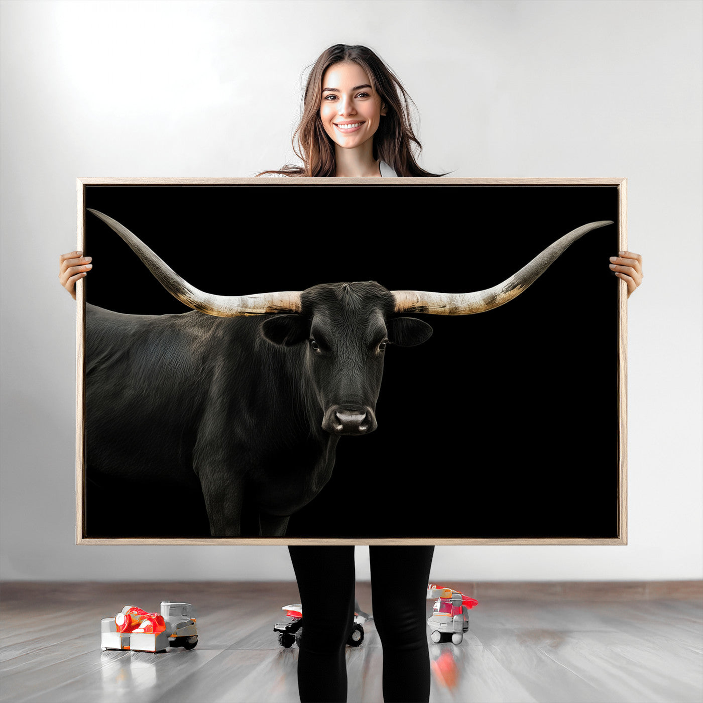 Longhorn Cattle Wall Art Canvas Print, Framed Texas Ranch Art Picture Print, Western Cow Perfect Farmhouse Decor Artwork