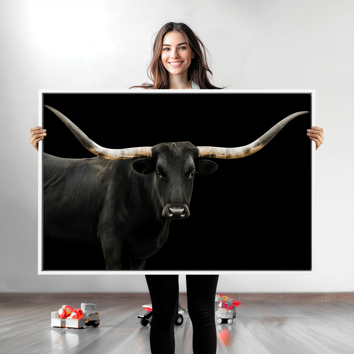 Longhorn Cattle Wall Art Canvas Print, Framed Texas Ranch Art Picture Print, Western Cow Perfect Farmhouse Decor Artwork