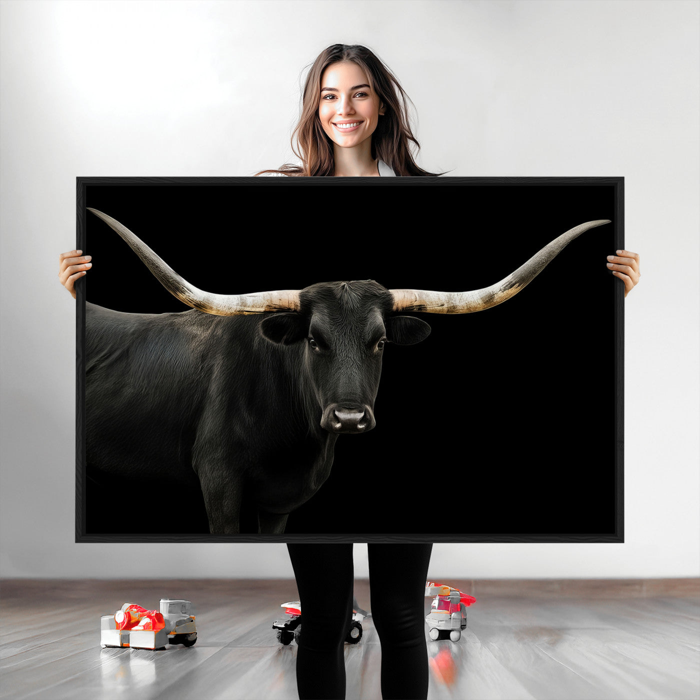 Longhorn Cattle Wall Art Canvas Print, Framed Texas Ranch Art Picture Print, Western Cow Perfect Farmhouse Decor Artwork