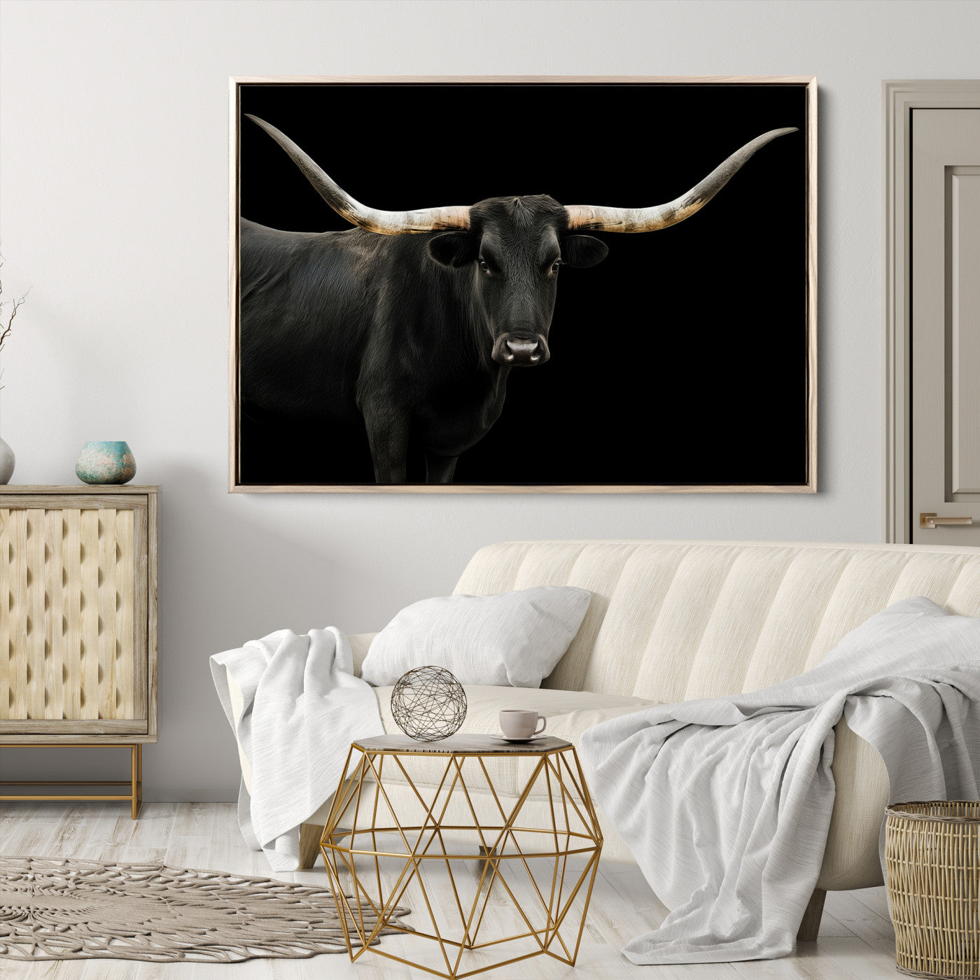 Longhorn Cattle Wall Art Canvas Print, Framed Texas Ranch Art Picture Print, Western Cow Perfect Farmhouse Decor Artwork