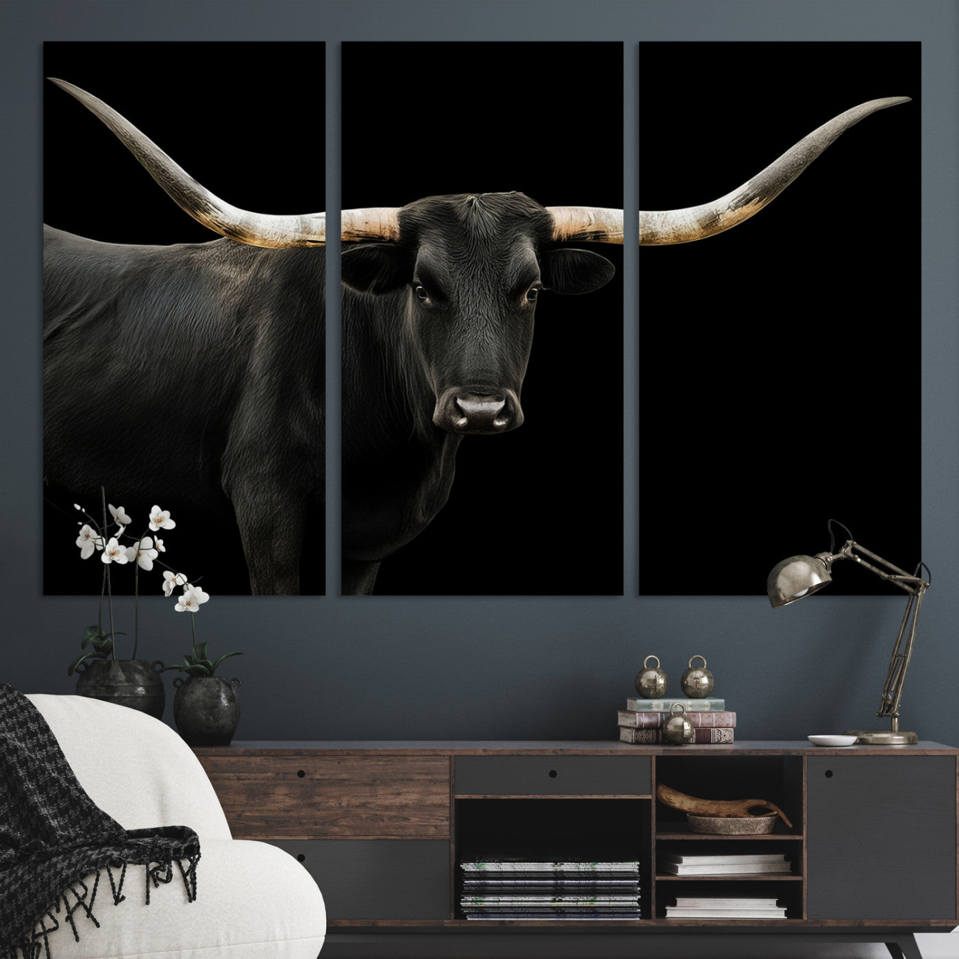 99448328-MGV-CV-36X24-Longhorn Cattle Wall Art Canvas Print, Framed Texas Ranch Art Picture Print, Western Cow Perfect Farmhouse Decor Artwork