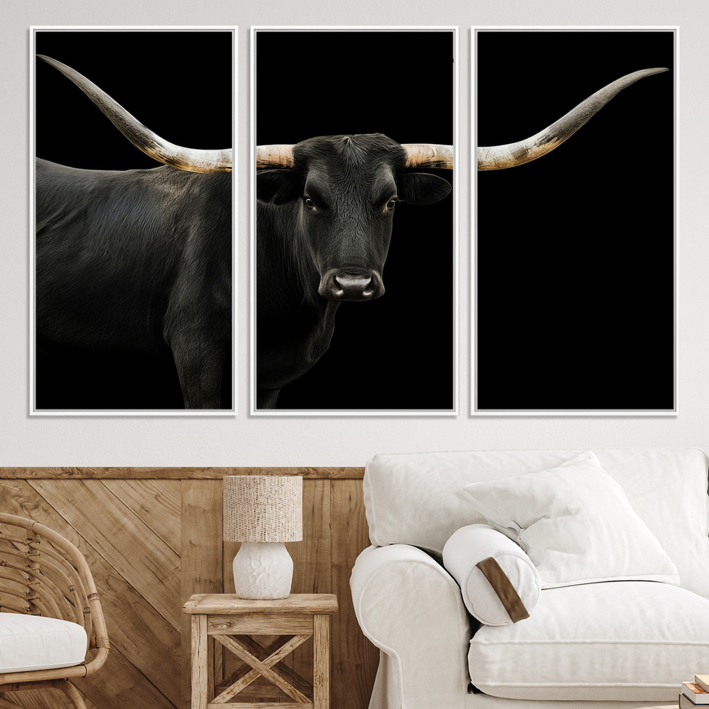 99448328-MGV-CV-36X24-Longhorn Cattle Wall Art Canvas Print, Framed Texas Ranch Art Picture Print, Western Cow Perfect Farmhouse Decor Artwork