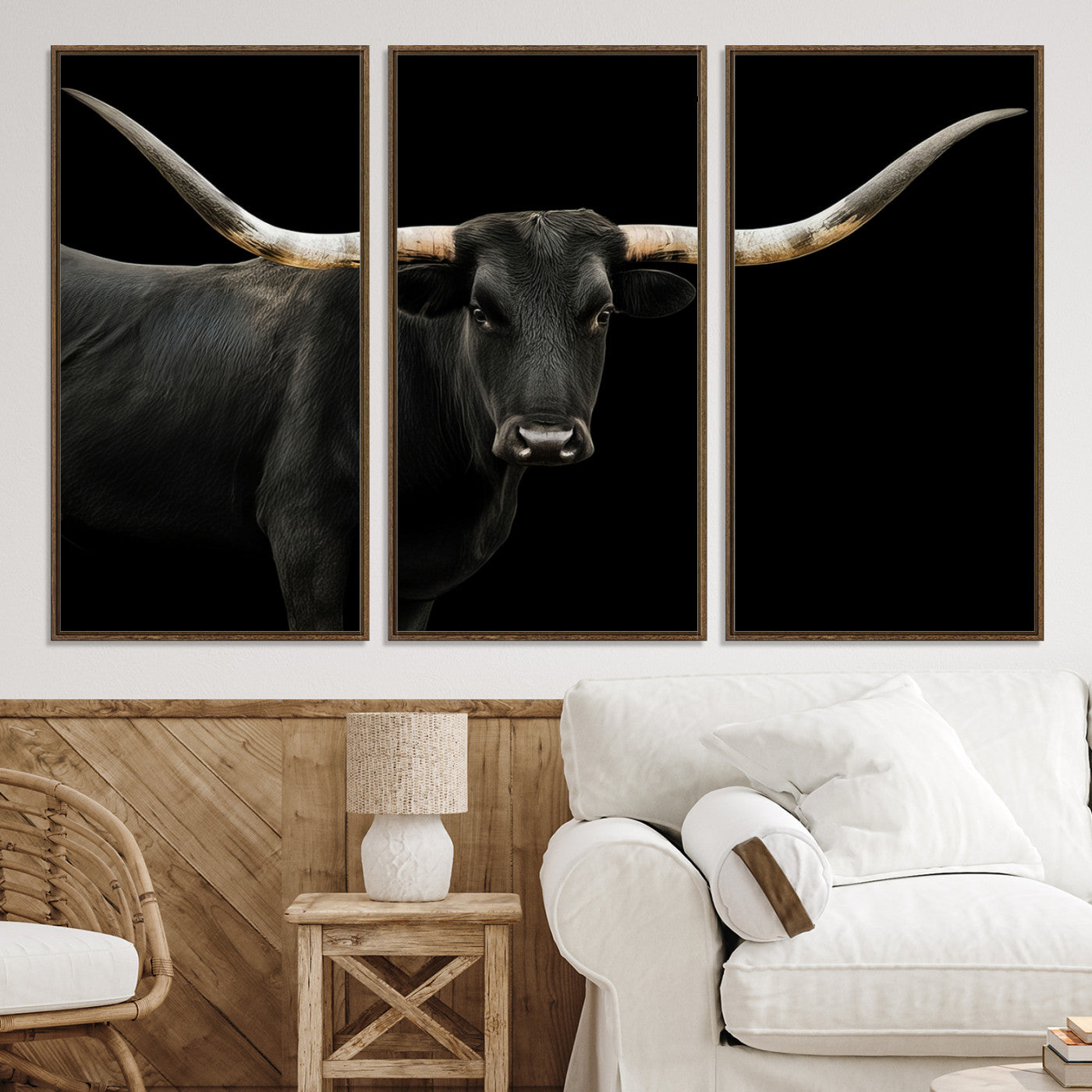 99448328-MGV-CV-36X24-Longhorn Cattle Wall Art Canvas Print, Framed Texas Ranch Art Picture Print, Western Cow Perfect Farmhouse Decor Artwork