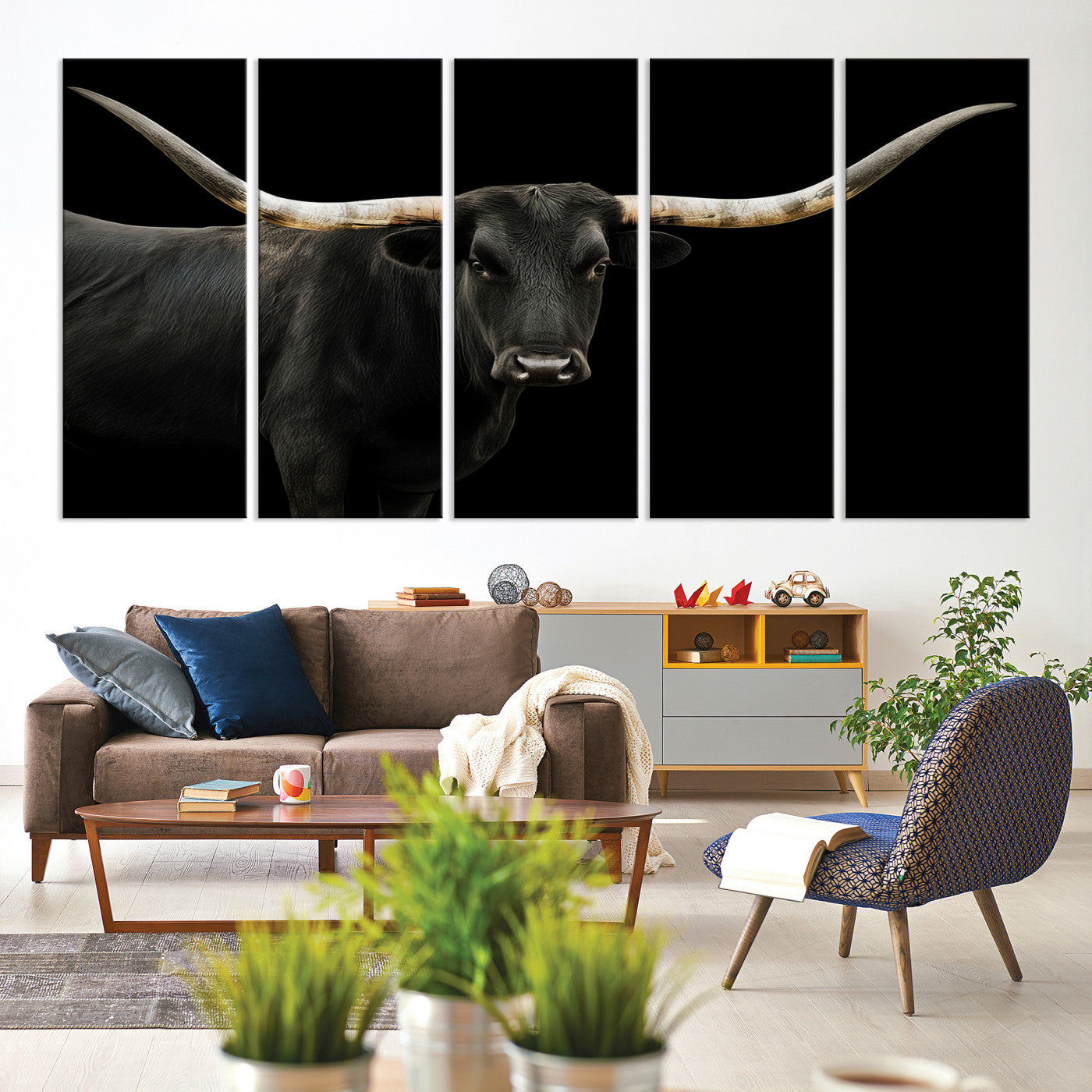 99448328-MGV-CV-60X31-5P-Longhorn Cattle Wall Art Canvas Print, Framed Texas Ranch Art Picture Print, Western Cow Perfect Farmhouse Decor Artwork